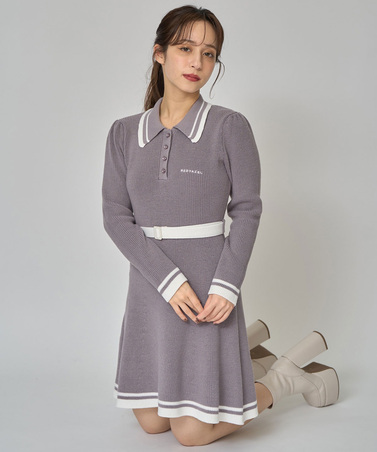 バイカラーポロニットロングスリーブミニワンピース