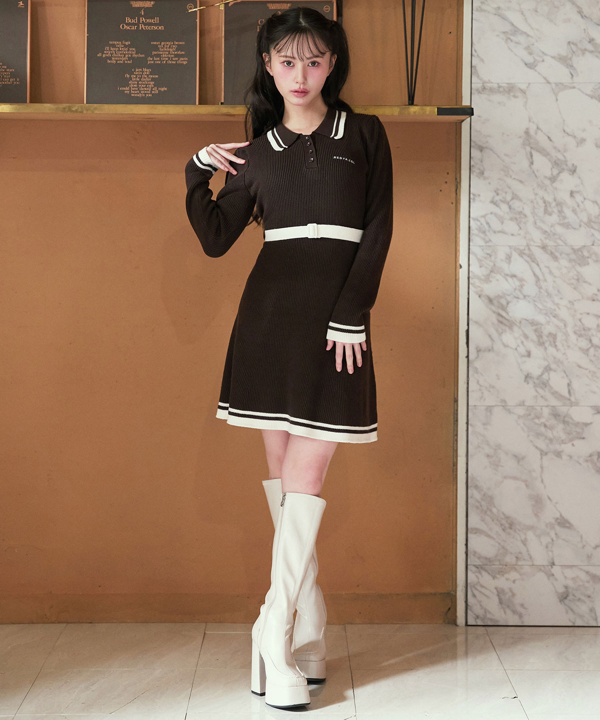 バイカラーポロニットロングスリーブミニワンピース