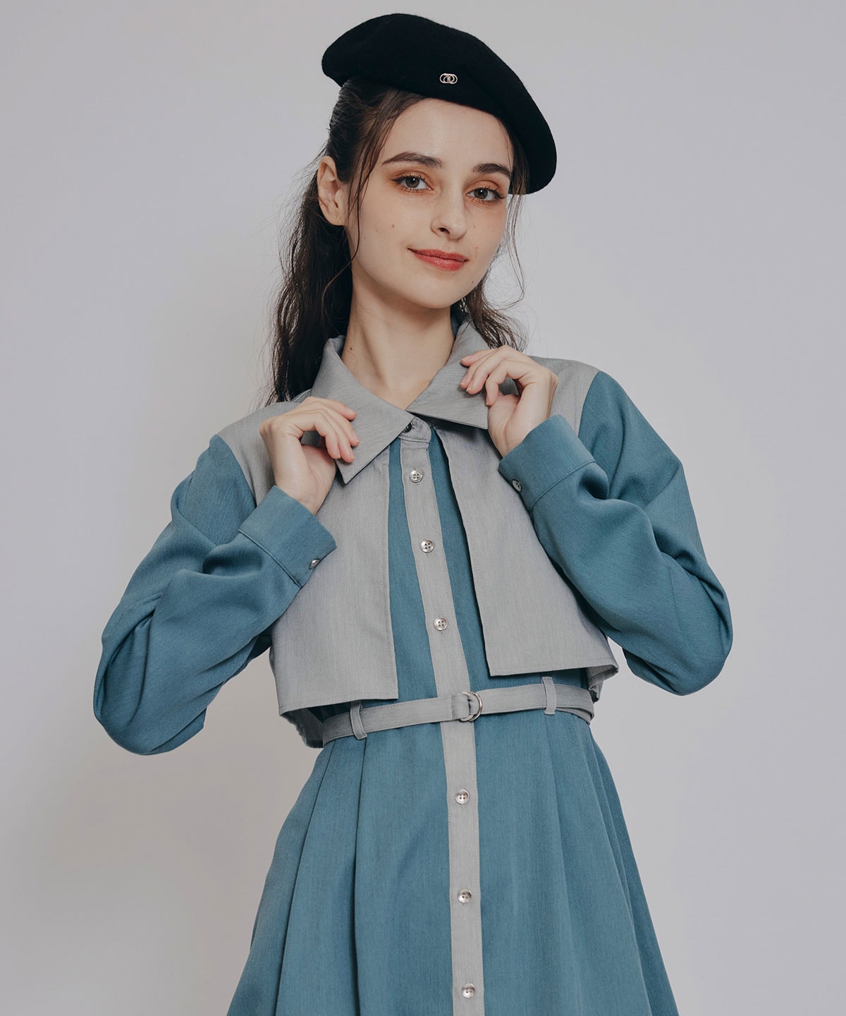 カラーブロッキングシャツロングフレアワンピース