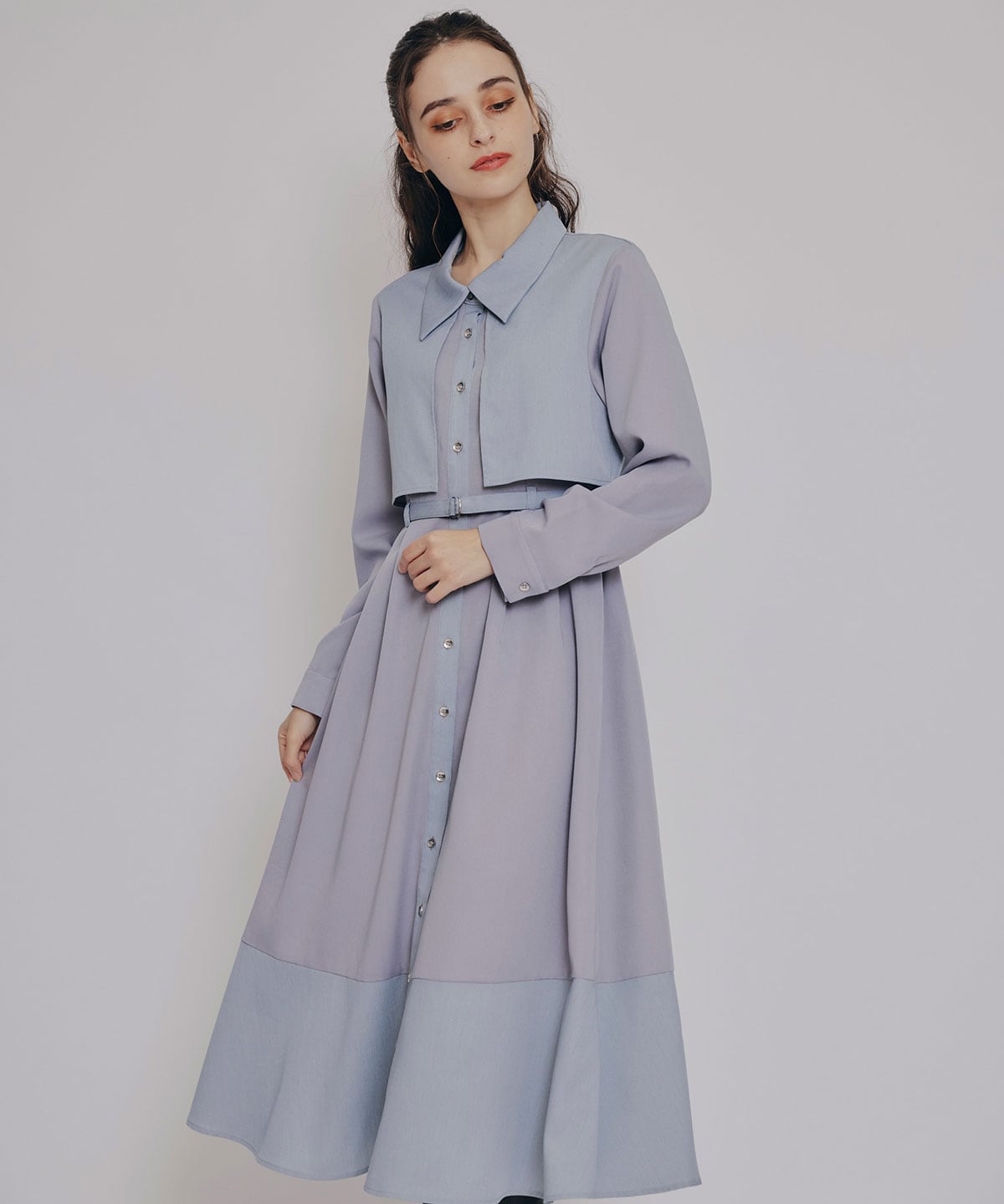 カラーブロッキングシャツロングフレアワンピース