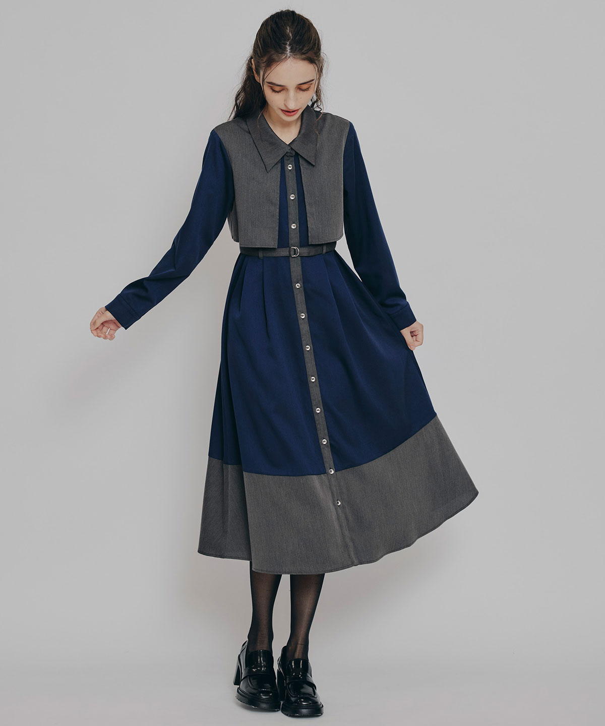 カラーブロッキングシャツロングフレアワンピース