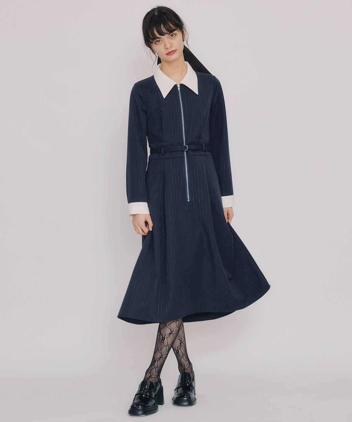 フロントZIPストライプロングワンピース