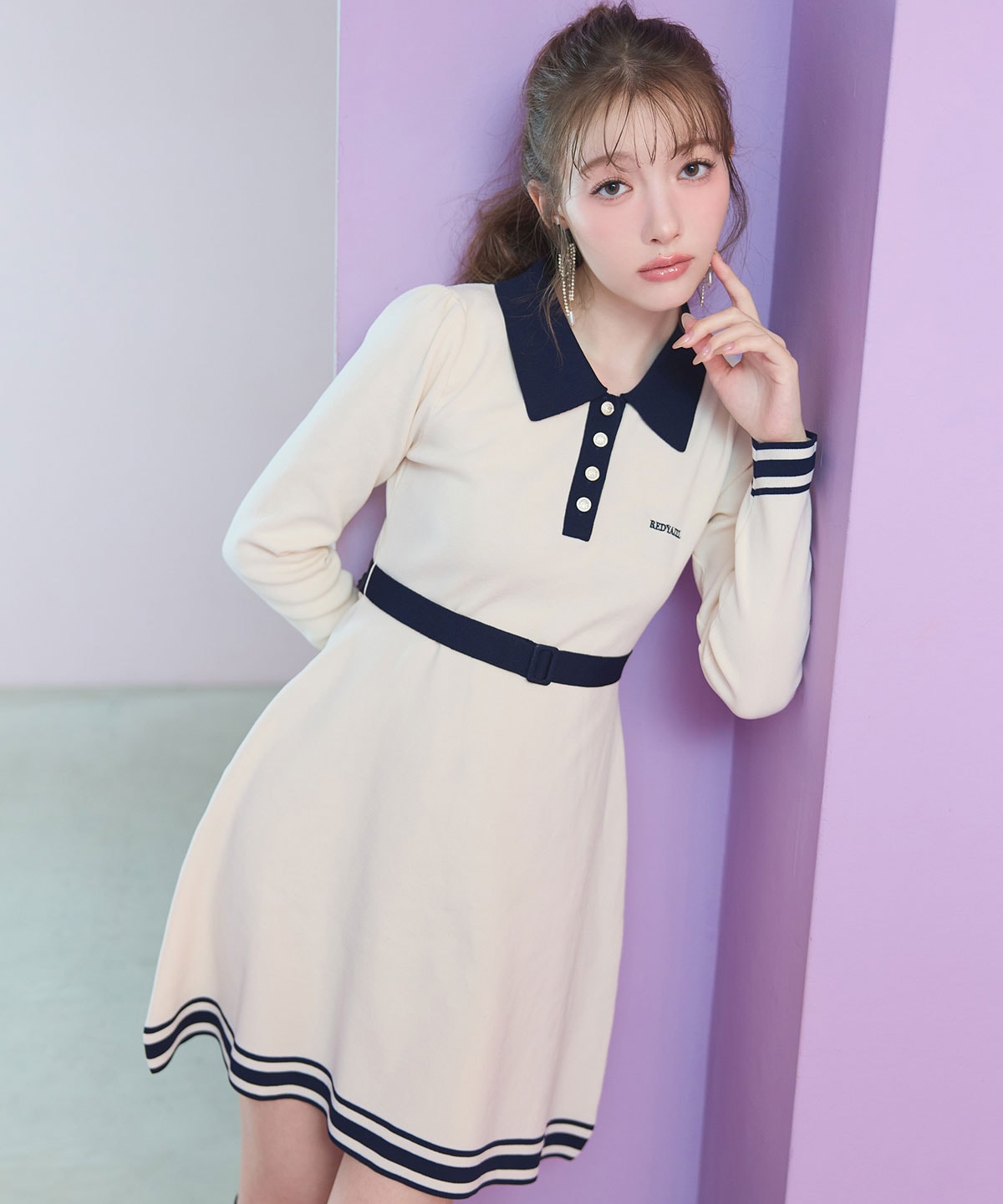 バイカラーポロニットミニワンピース