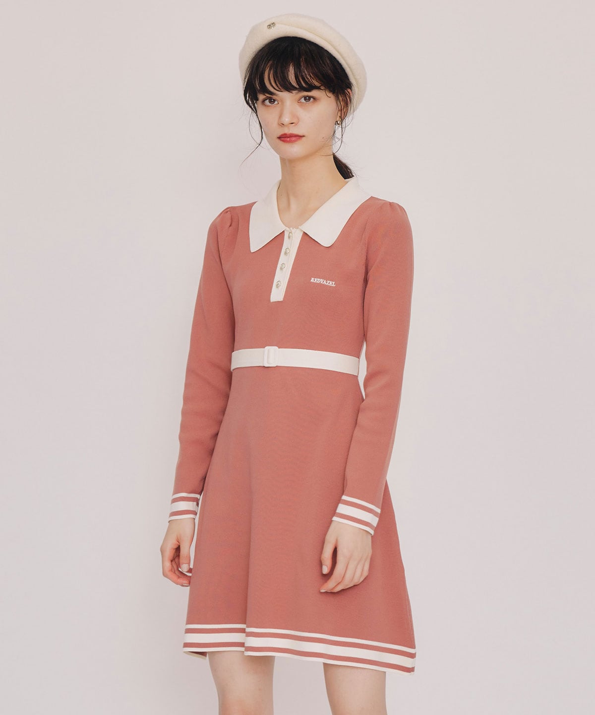バイカラーポロニットミニワンピース