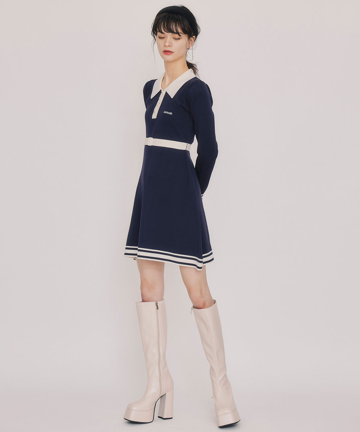 バイカラーポロニットミニワンピース