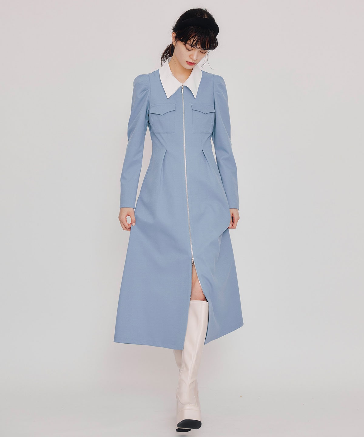 フロントZIPバイカラーロングワンピース