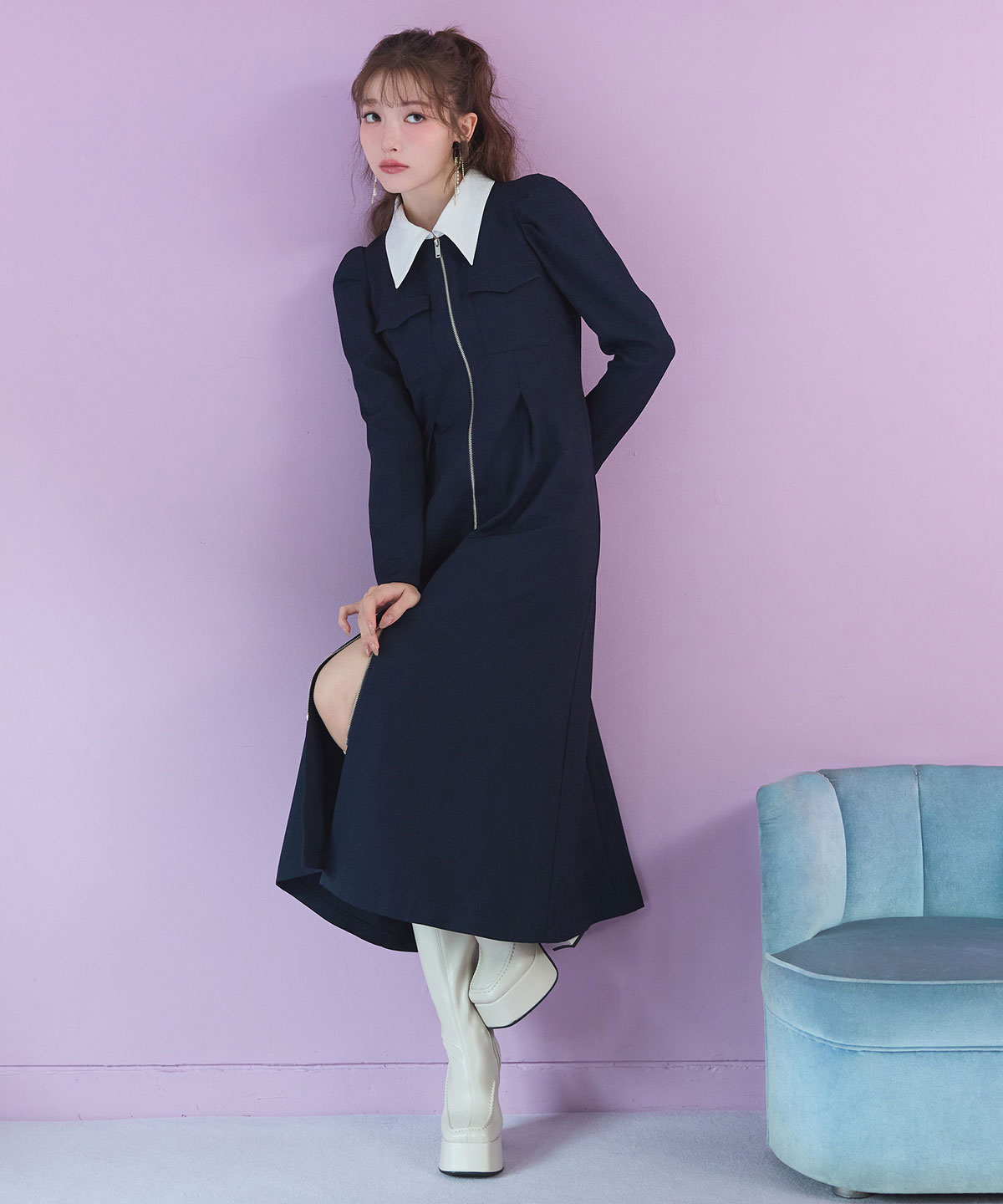 フロントZIPバイカラーロングワンピース