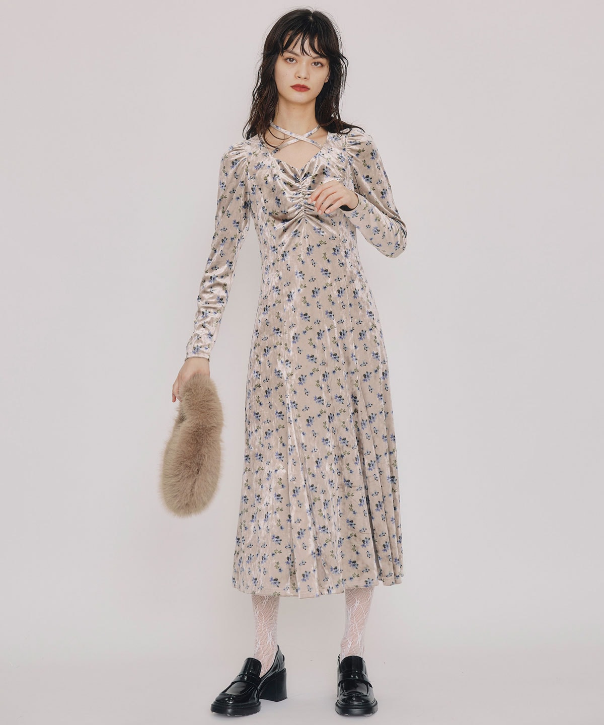 クロスリボンフラワーベロアロングワンピース