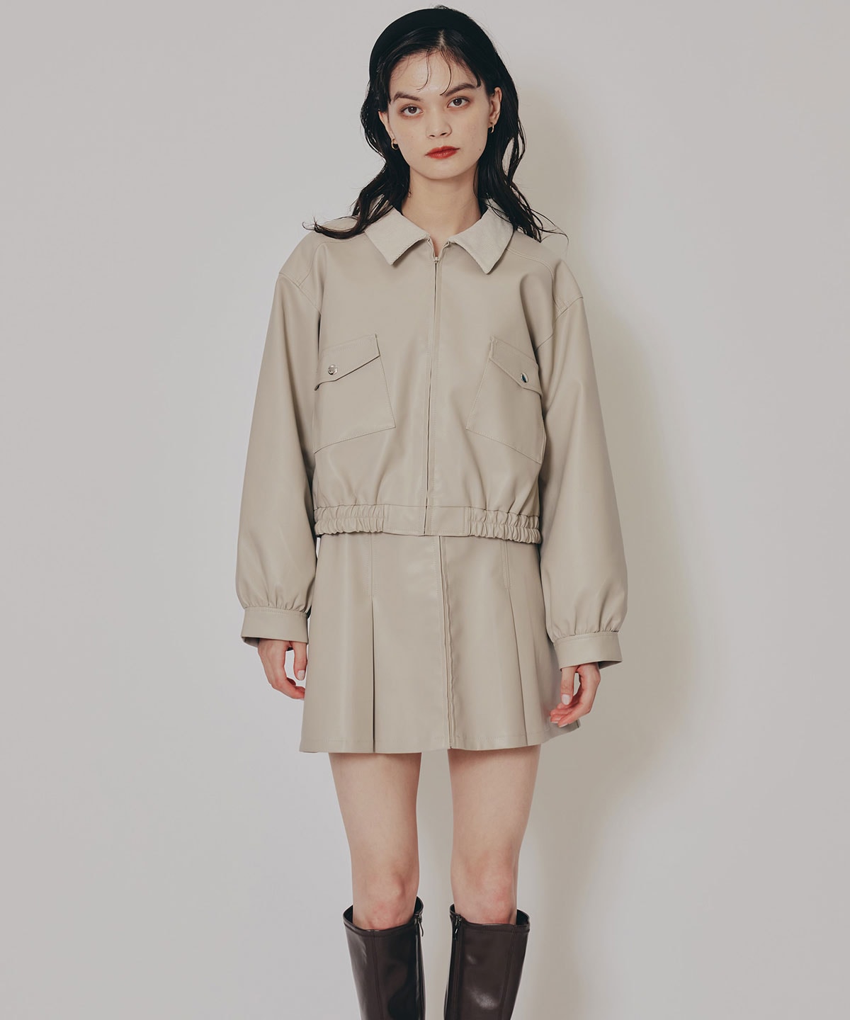 【セットアップ可能】フェイクレザージップブルゾン