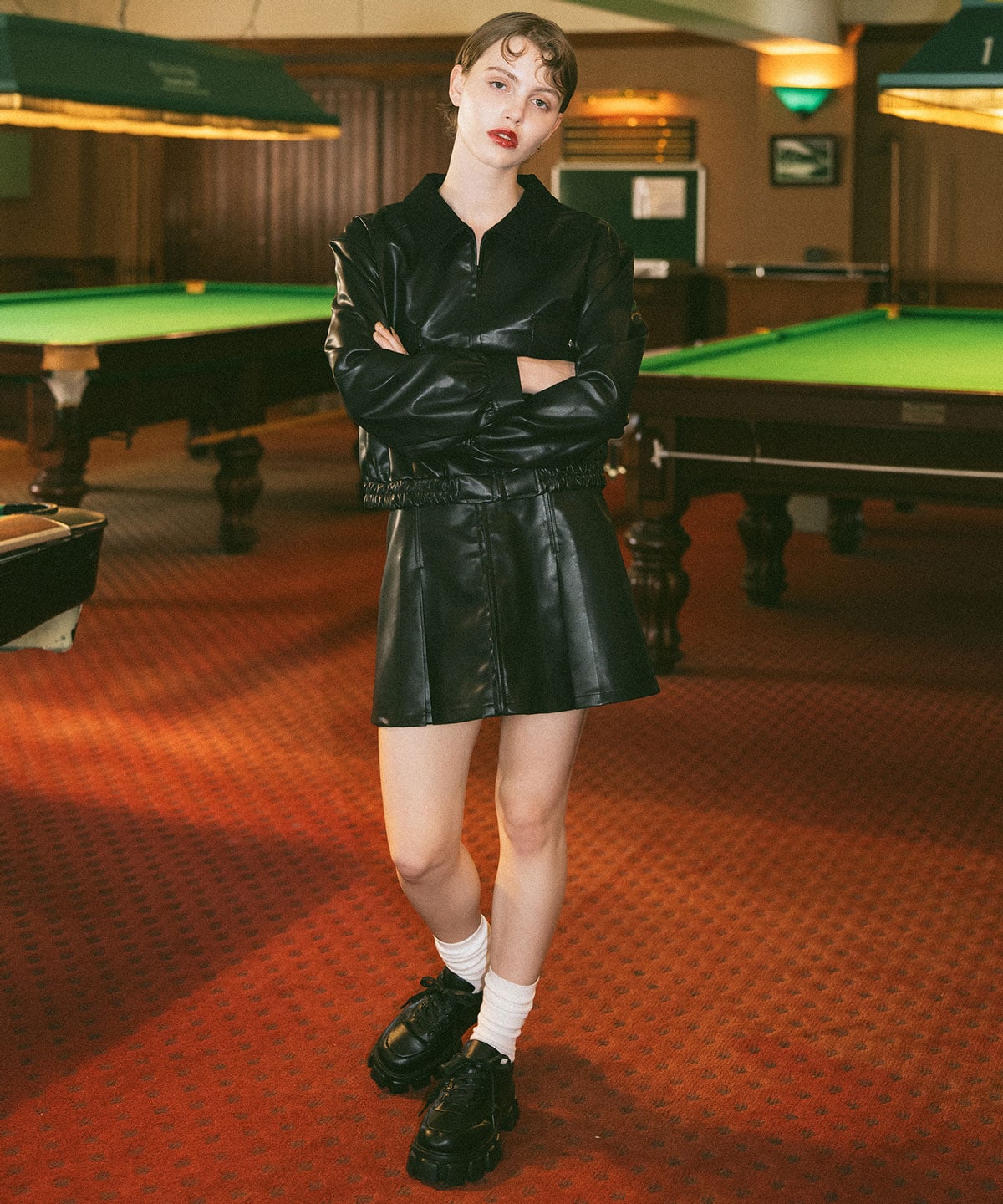 【セットアップ可能】フェイクレザージップブルゾン