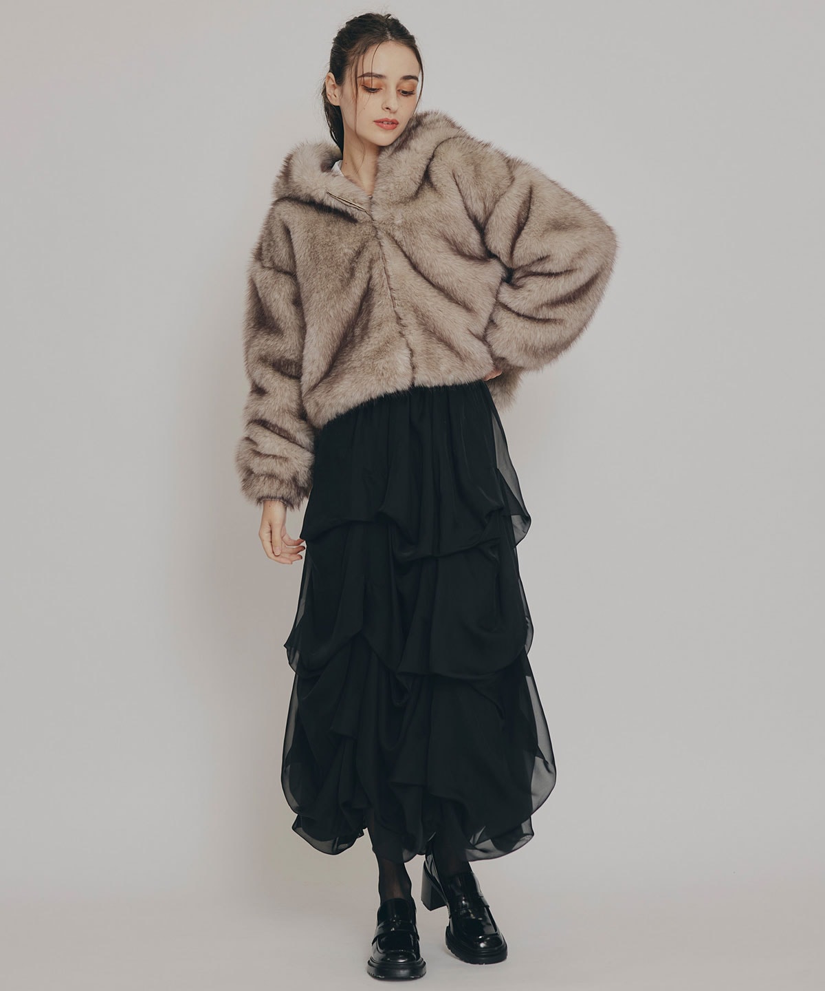 フォックスファーライクフーディショートジャケット