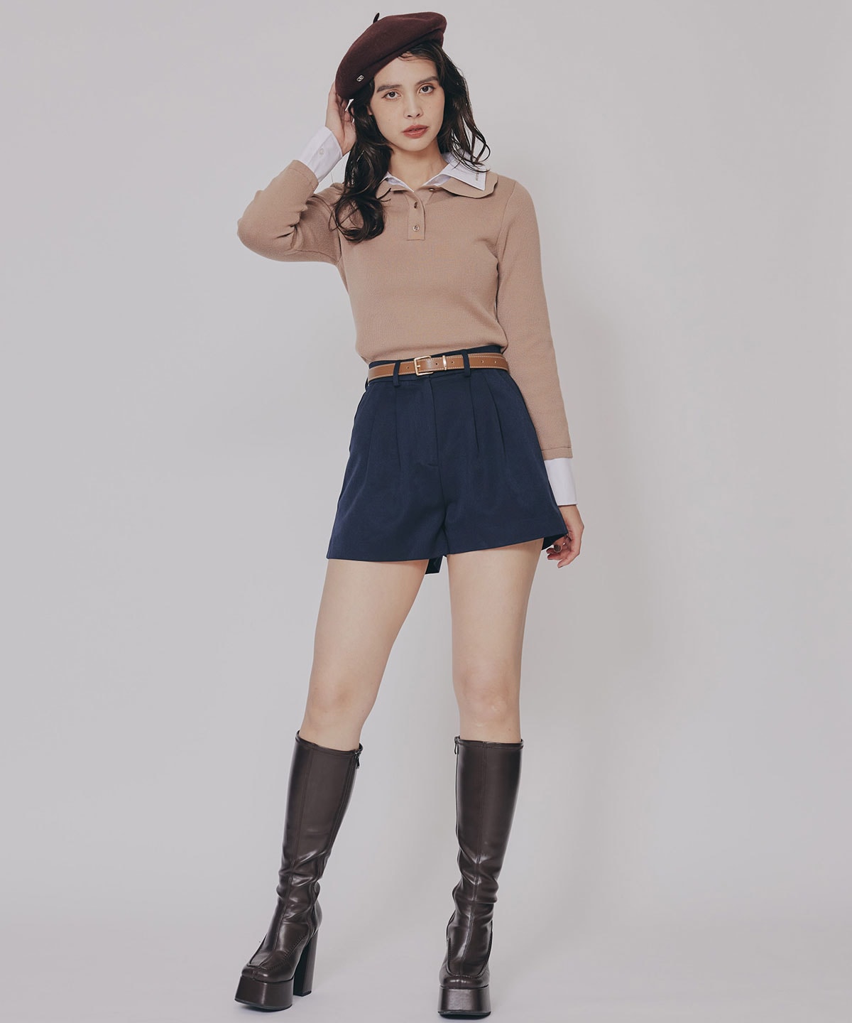 ダブルカラーポロニットトップス