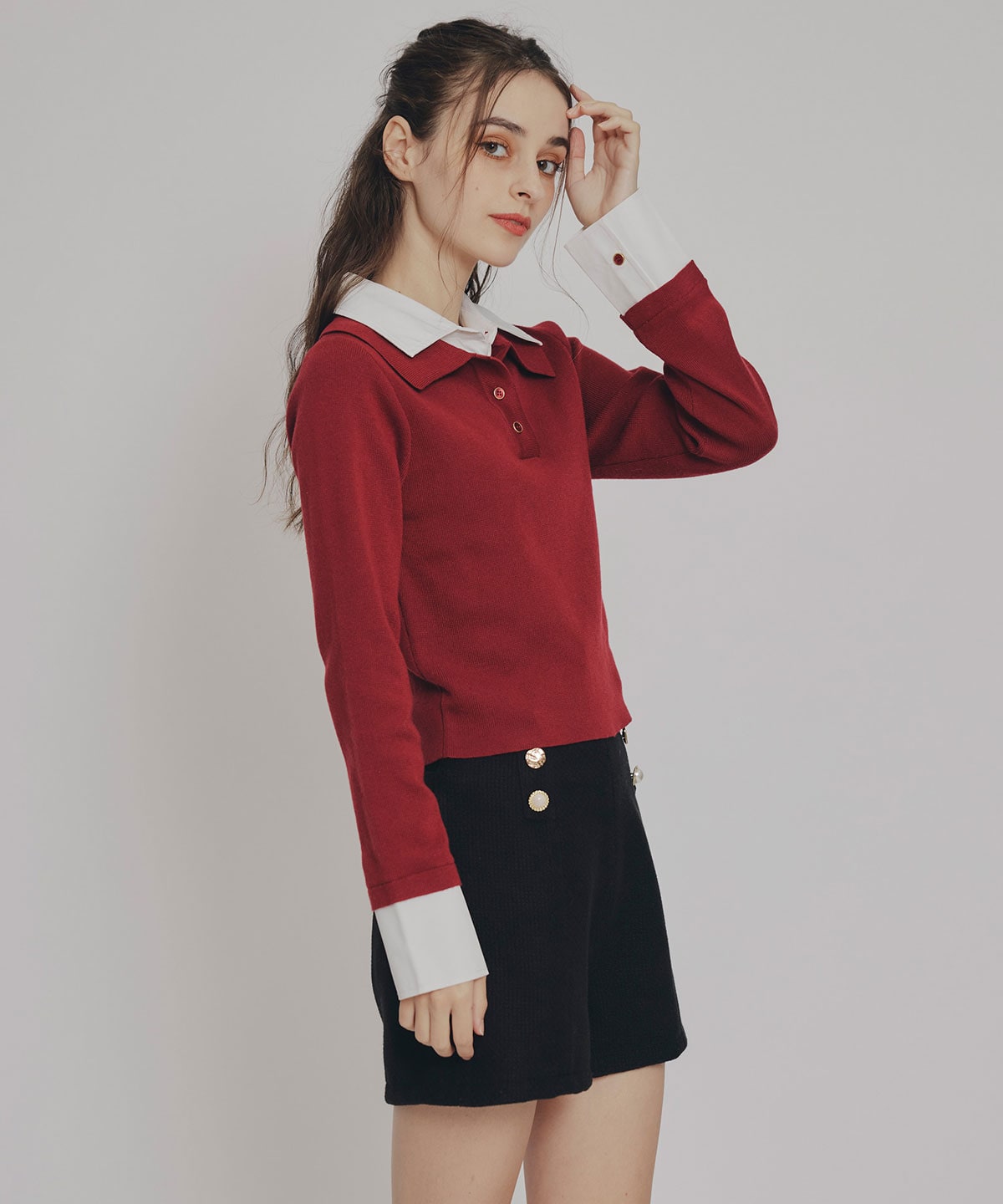 ダブルカラーポロニットトップス