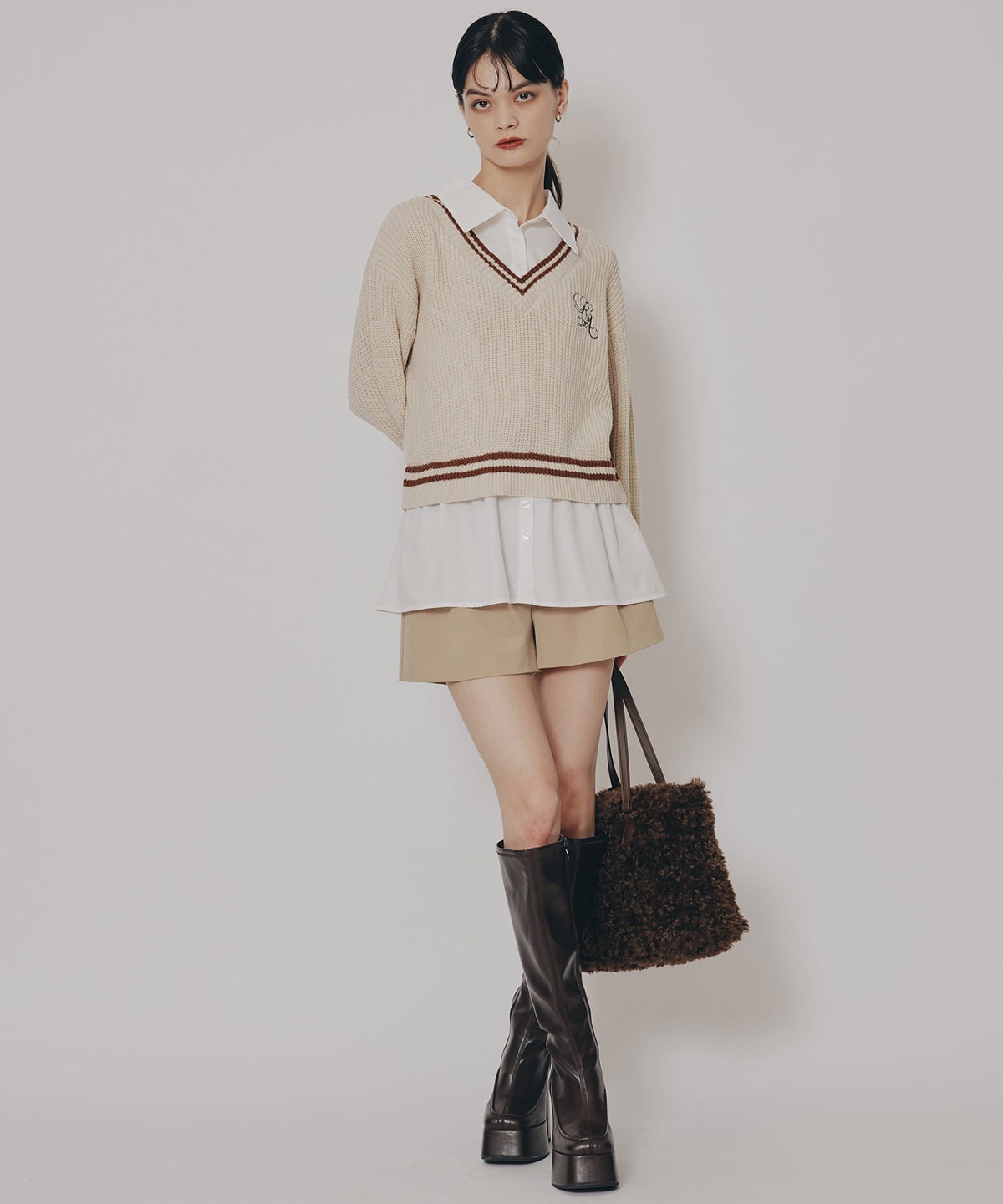 レイヤードシャツドッキングニットプルオーバー