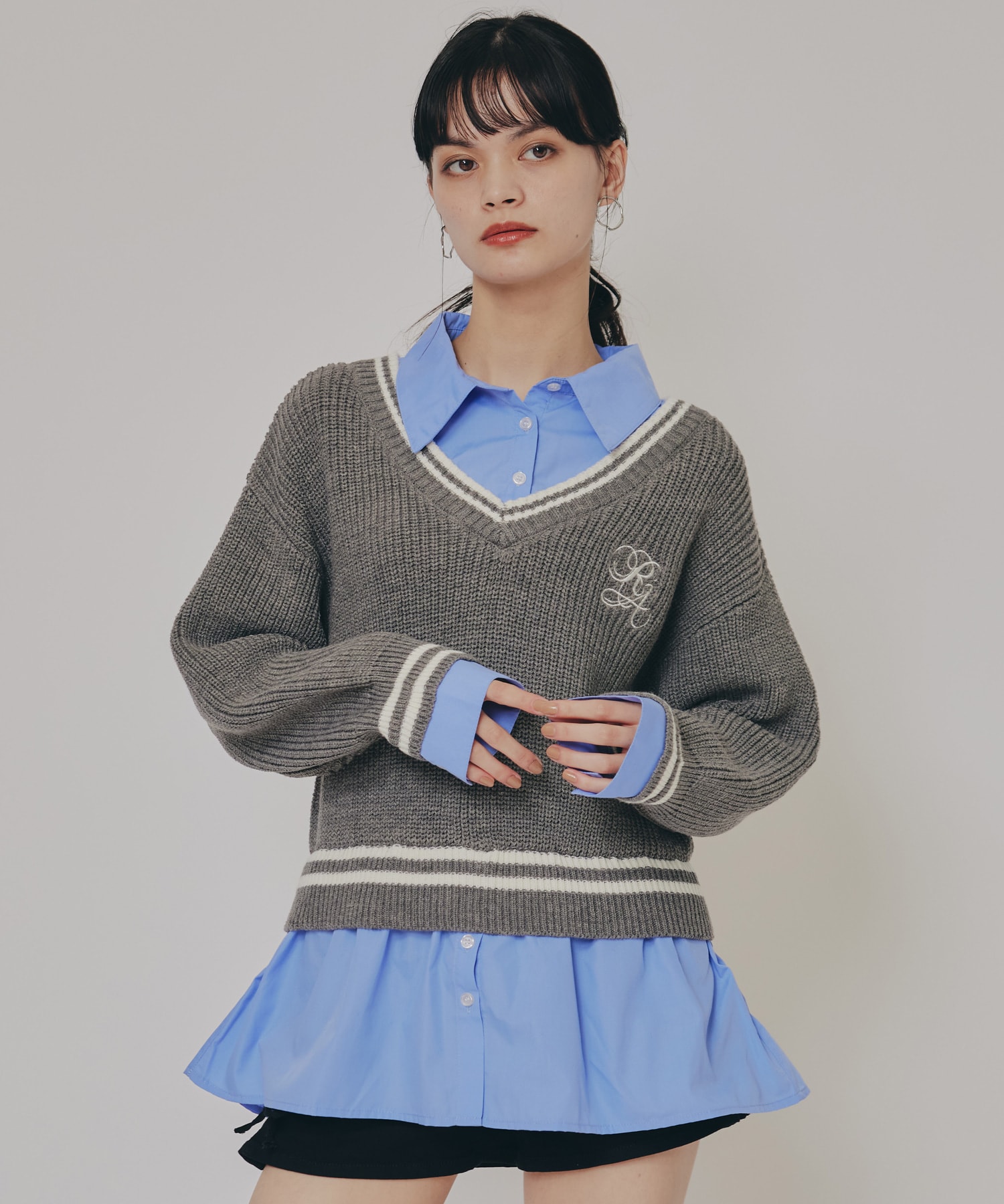 レイヤードシャツドッキングニットプルオーバー