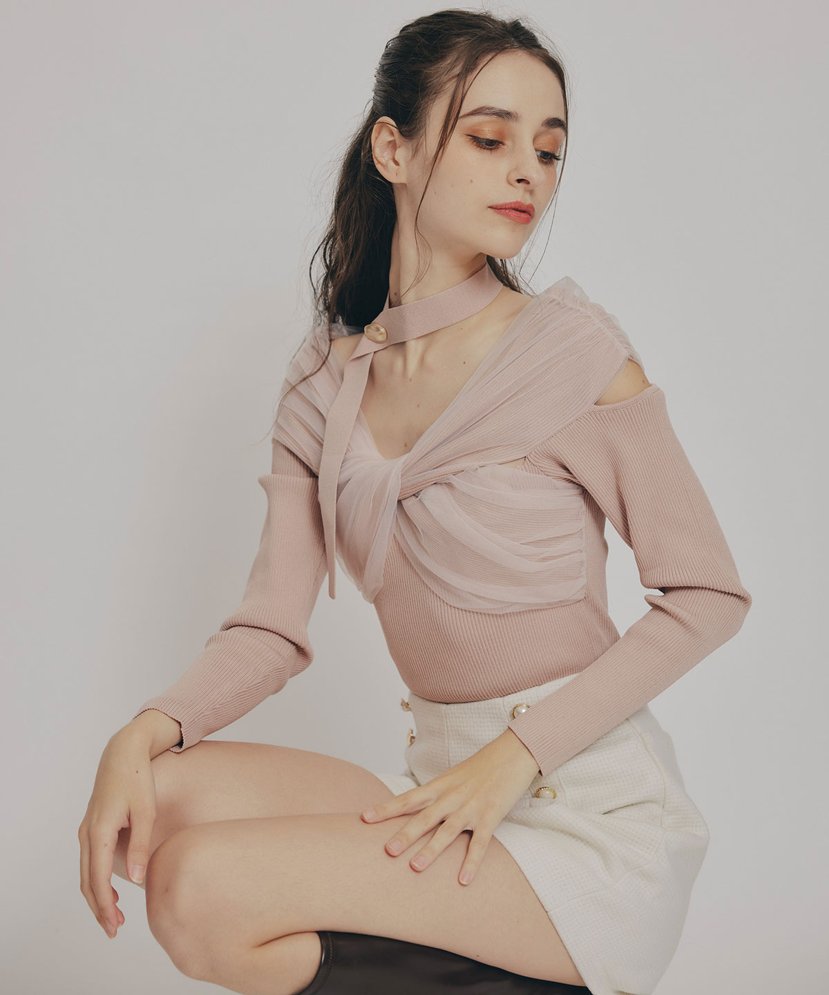 チョーカークロスチュールニットトップス