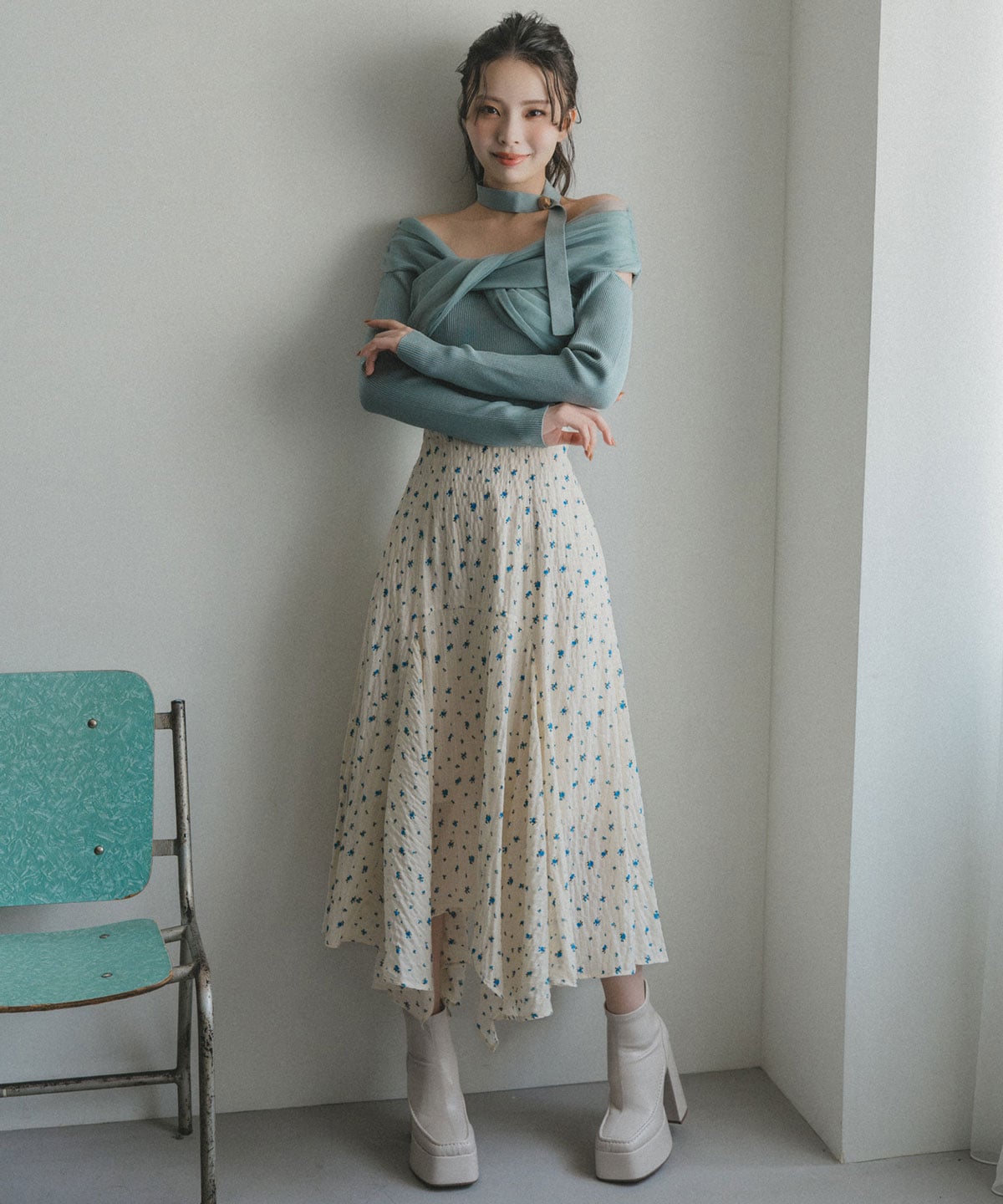 チョーカークロスチュールニットトップス