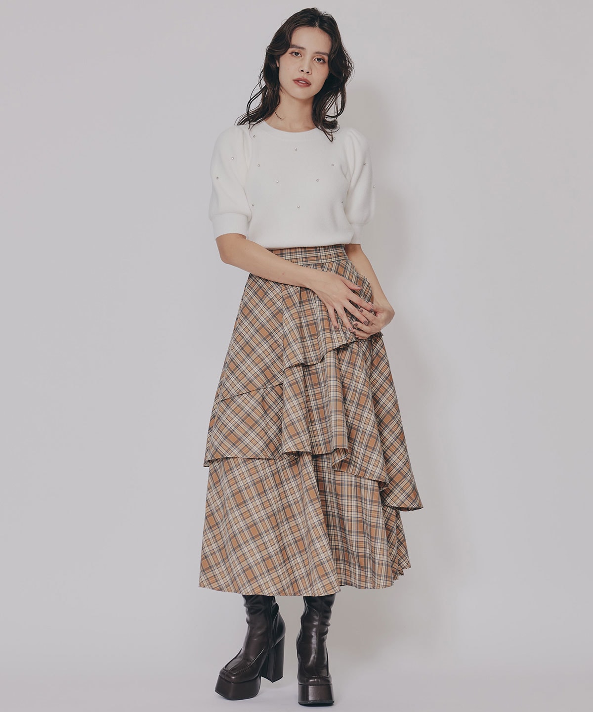 ビジューパフスリーブニットトップス