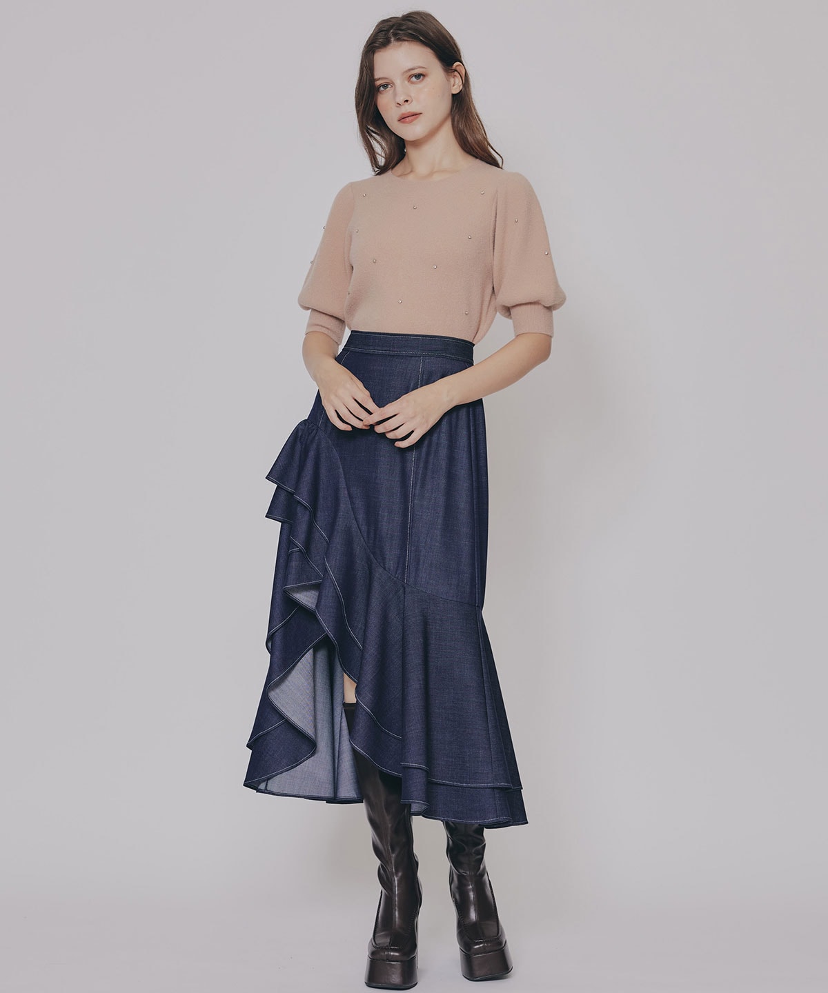 ビジューパフスリーブニットトップス