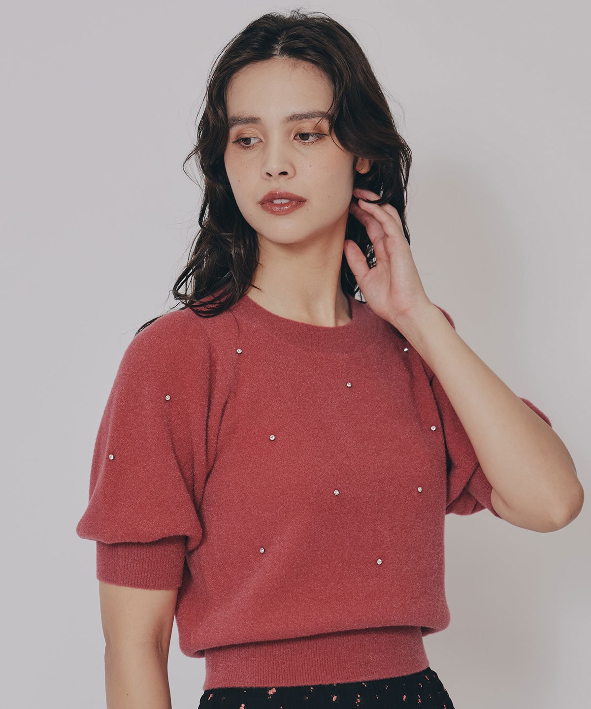 ビジューパフスリーブニットトップス