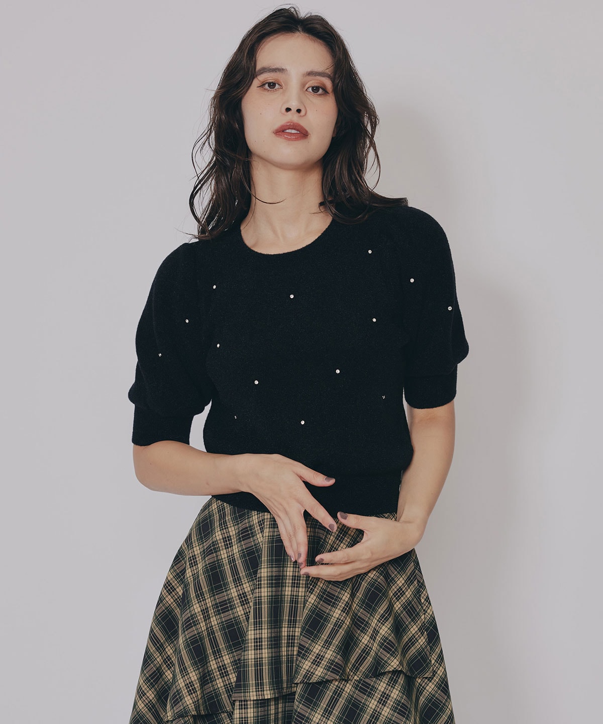 ビジューパフスリーブニットトップス