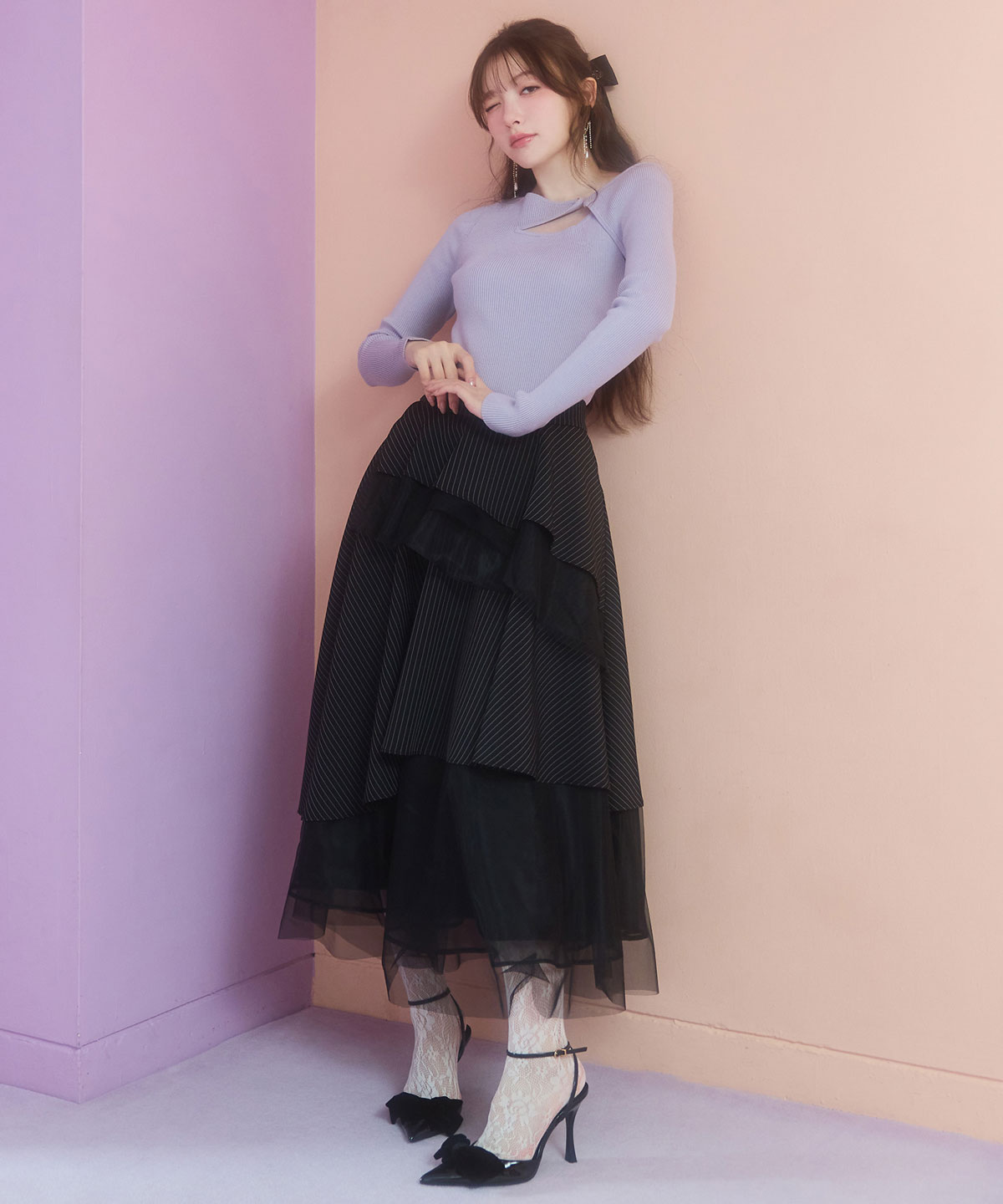 アシンメトリーレイヤードライクニットプルオーバー