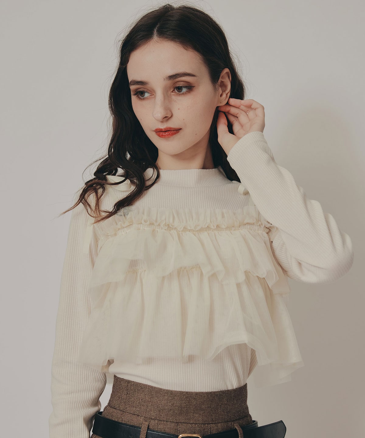 リボンチュールフリルビスチェニットトップス