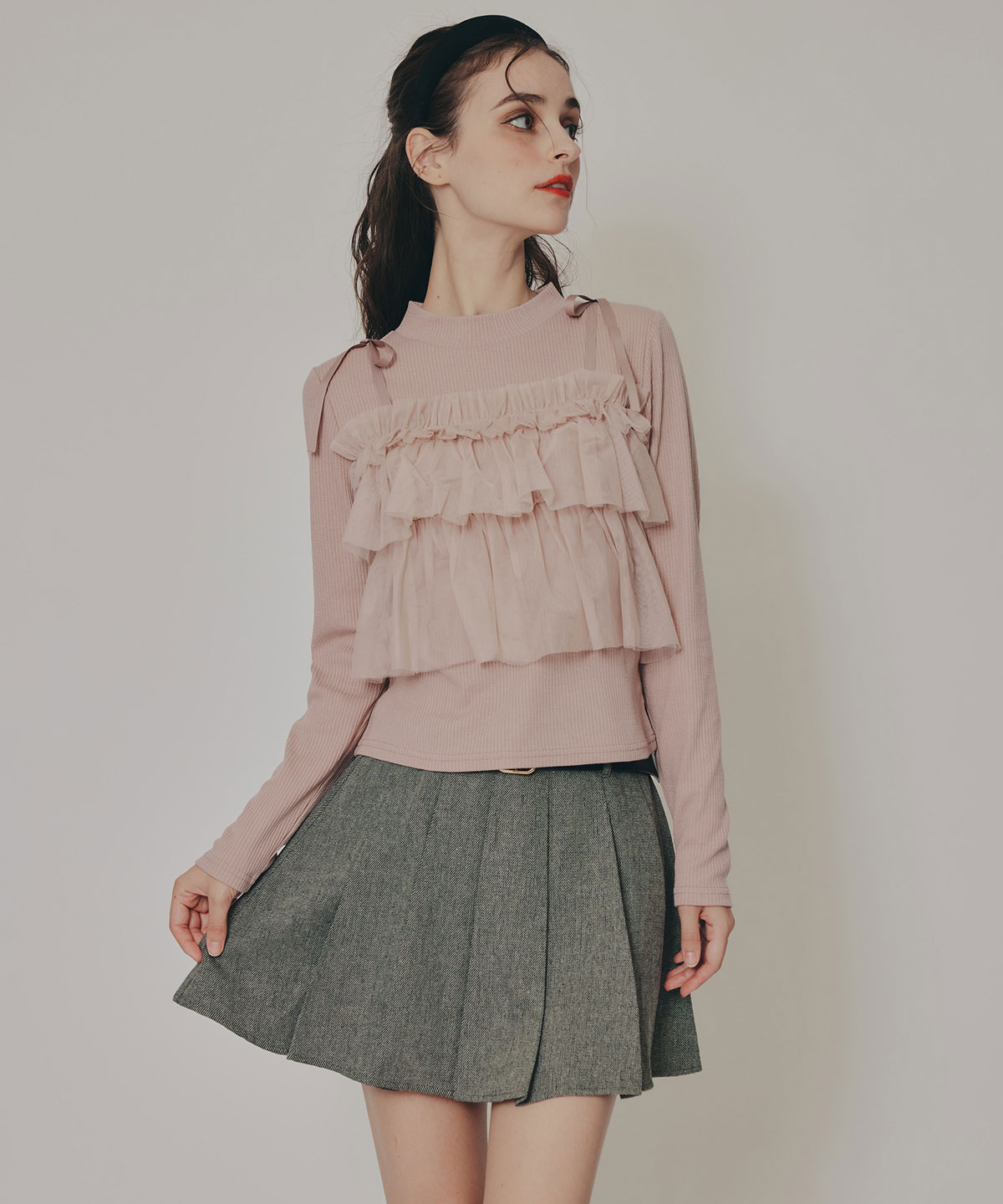 リボンチュールフリルビスチェニットトップス