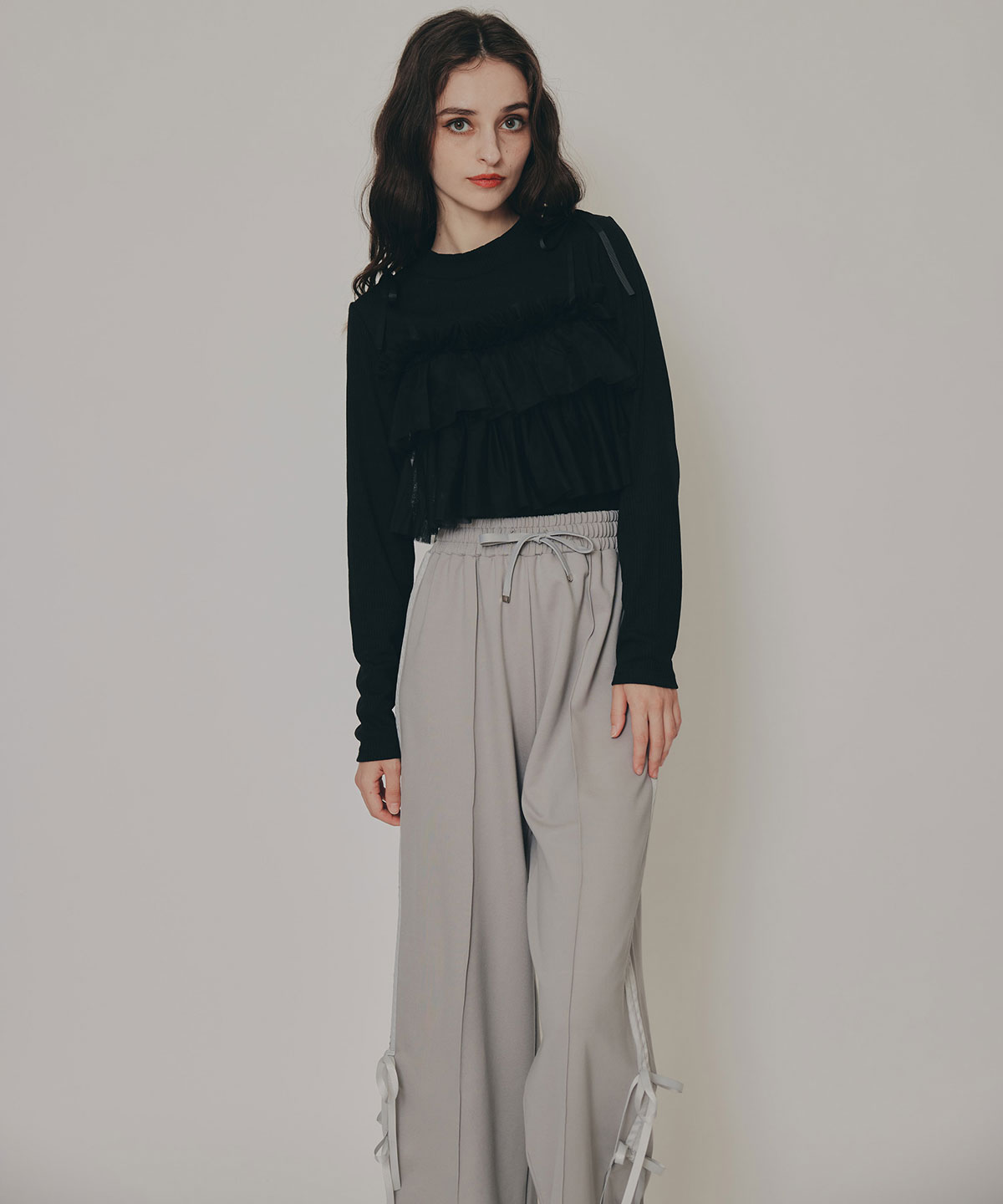 リボンチュールフリルビスチェニットトップス