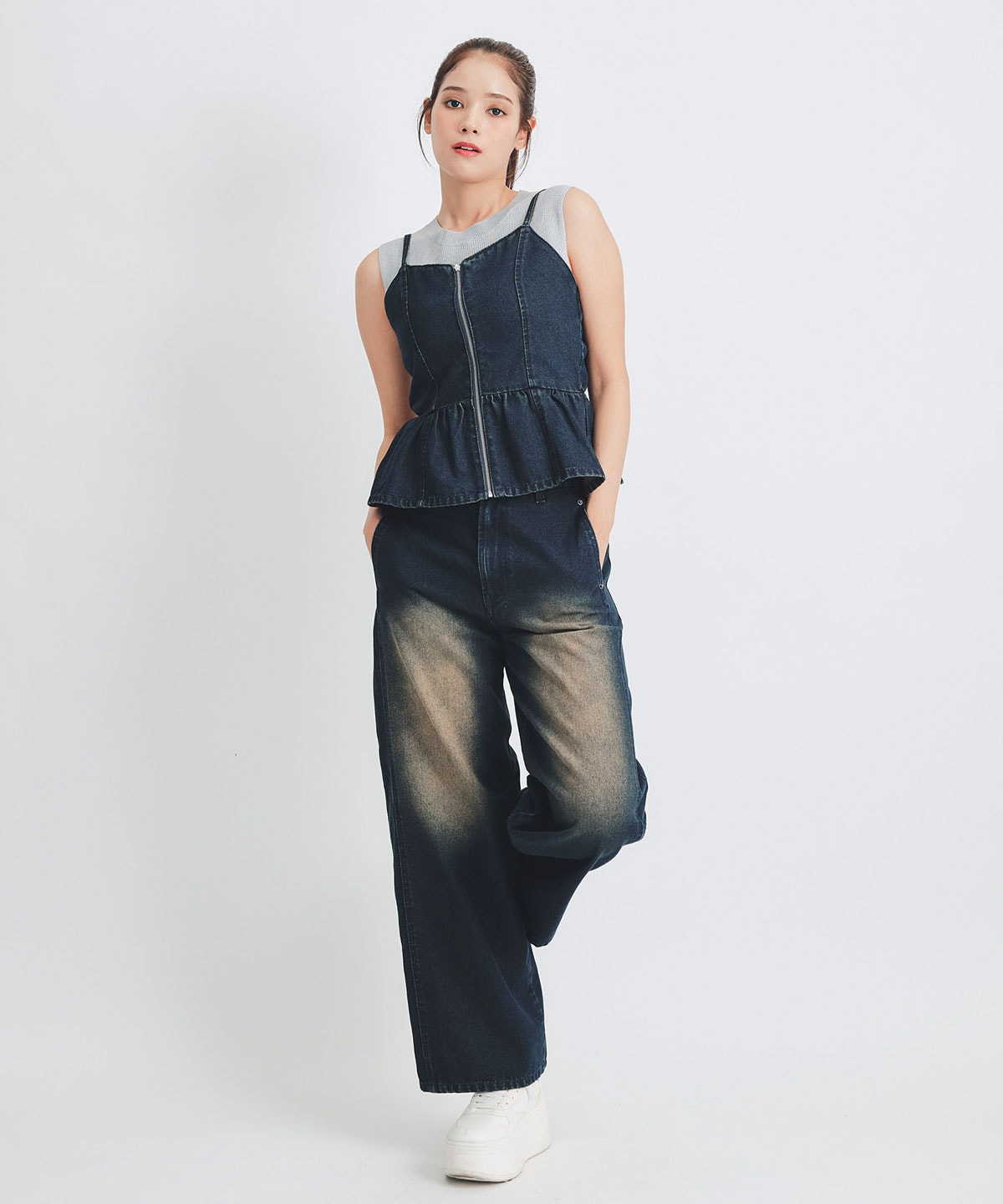 【Vintage Denim Series】ヴィンテージウォッシュバックレースアップデニムビスチェ
