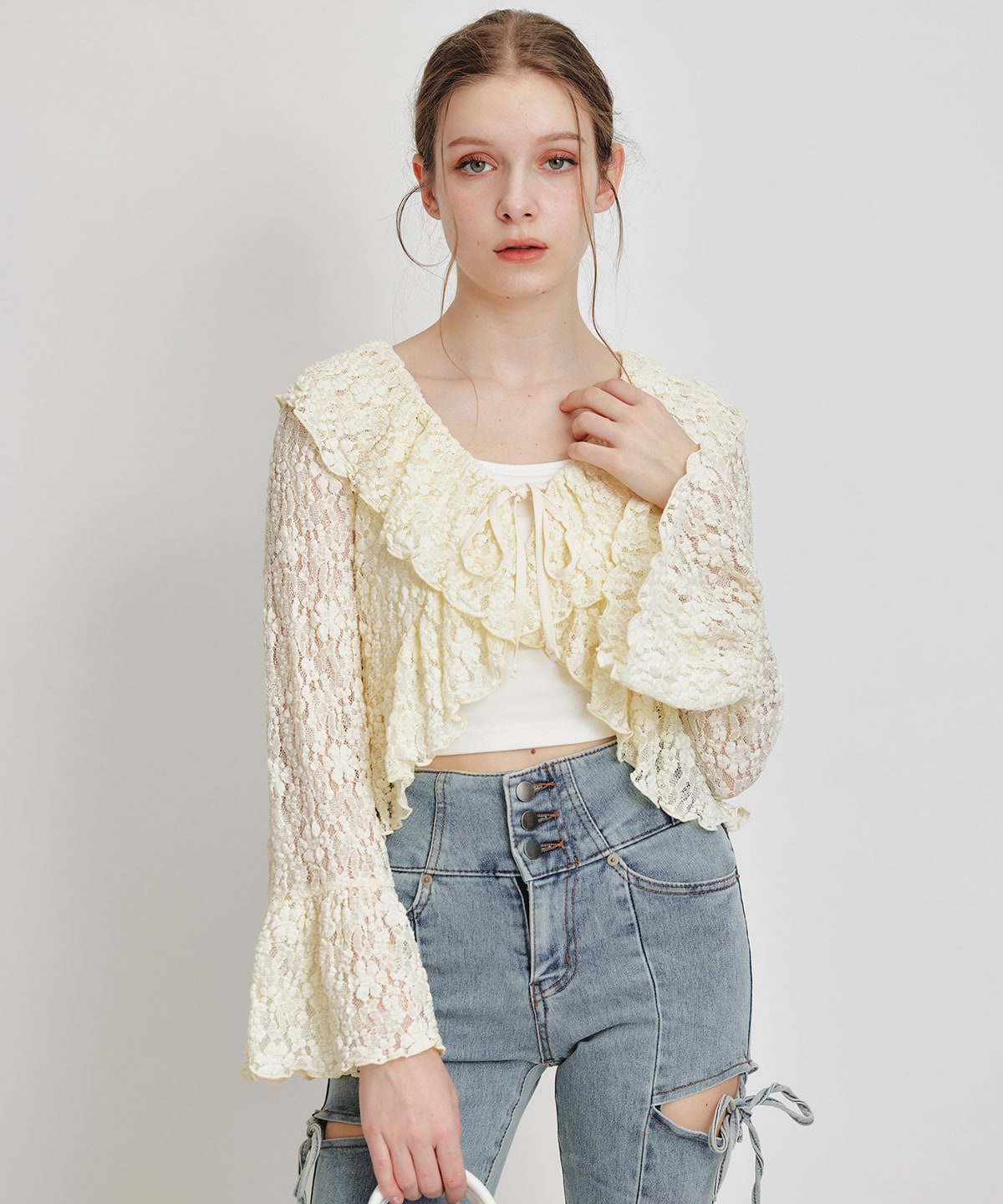 レースフリルカラーショートカーディガン