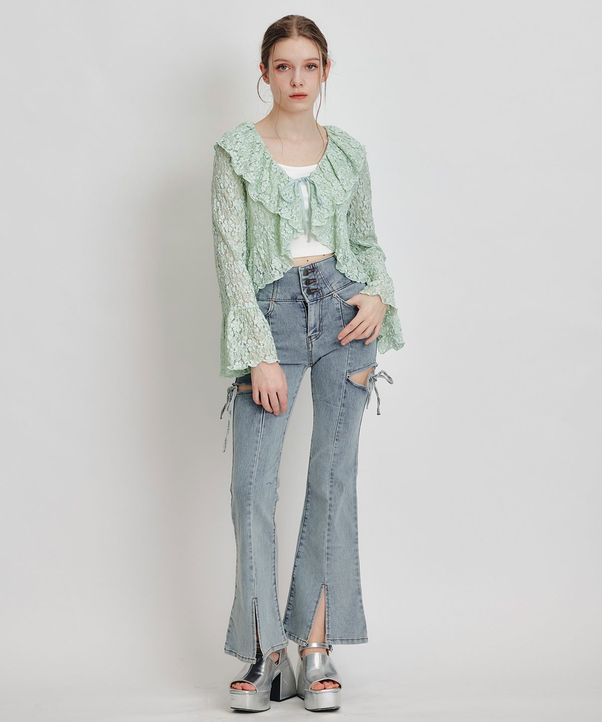 レースフリルカラーショートカーディガン