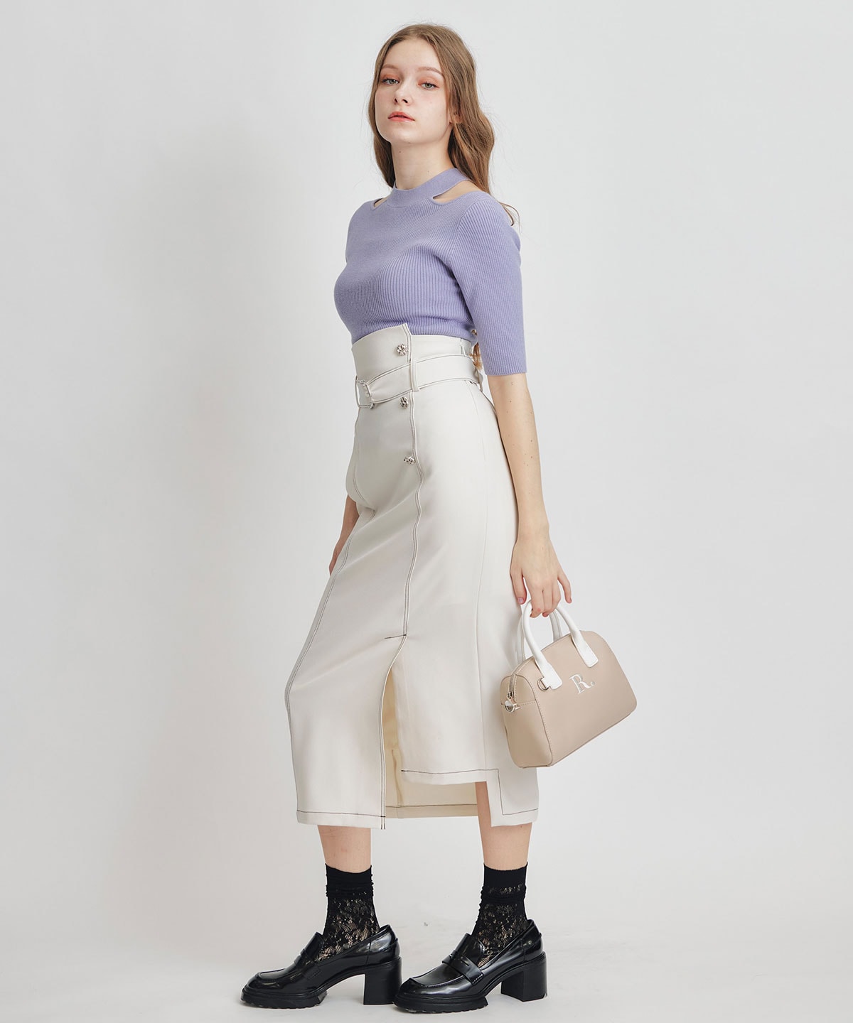 バイカラーステッチカッティングハイウエストタイトロングスカート