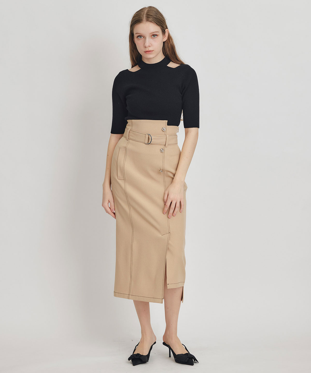 バイカラーステッチカッティングハイウエストタイトロングスカート