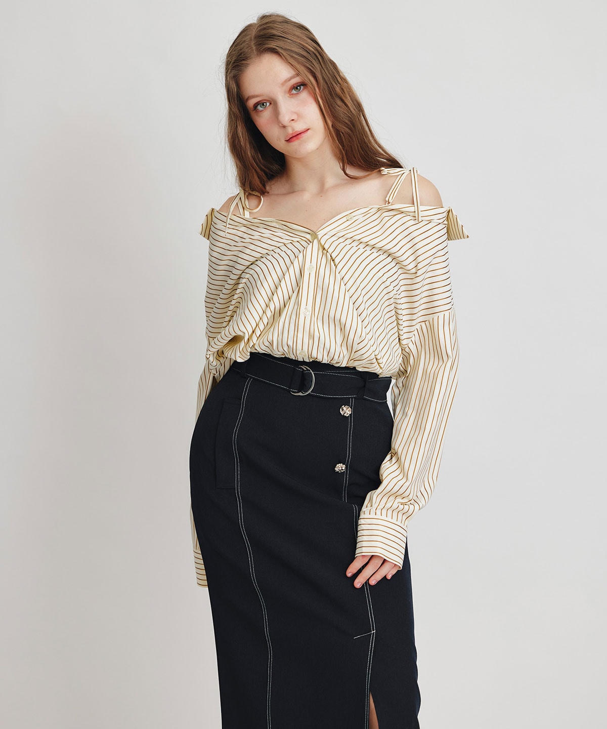 バイカラーステッチカッティングハイウエストタイトロングスカート