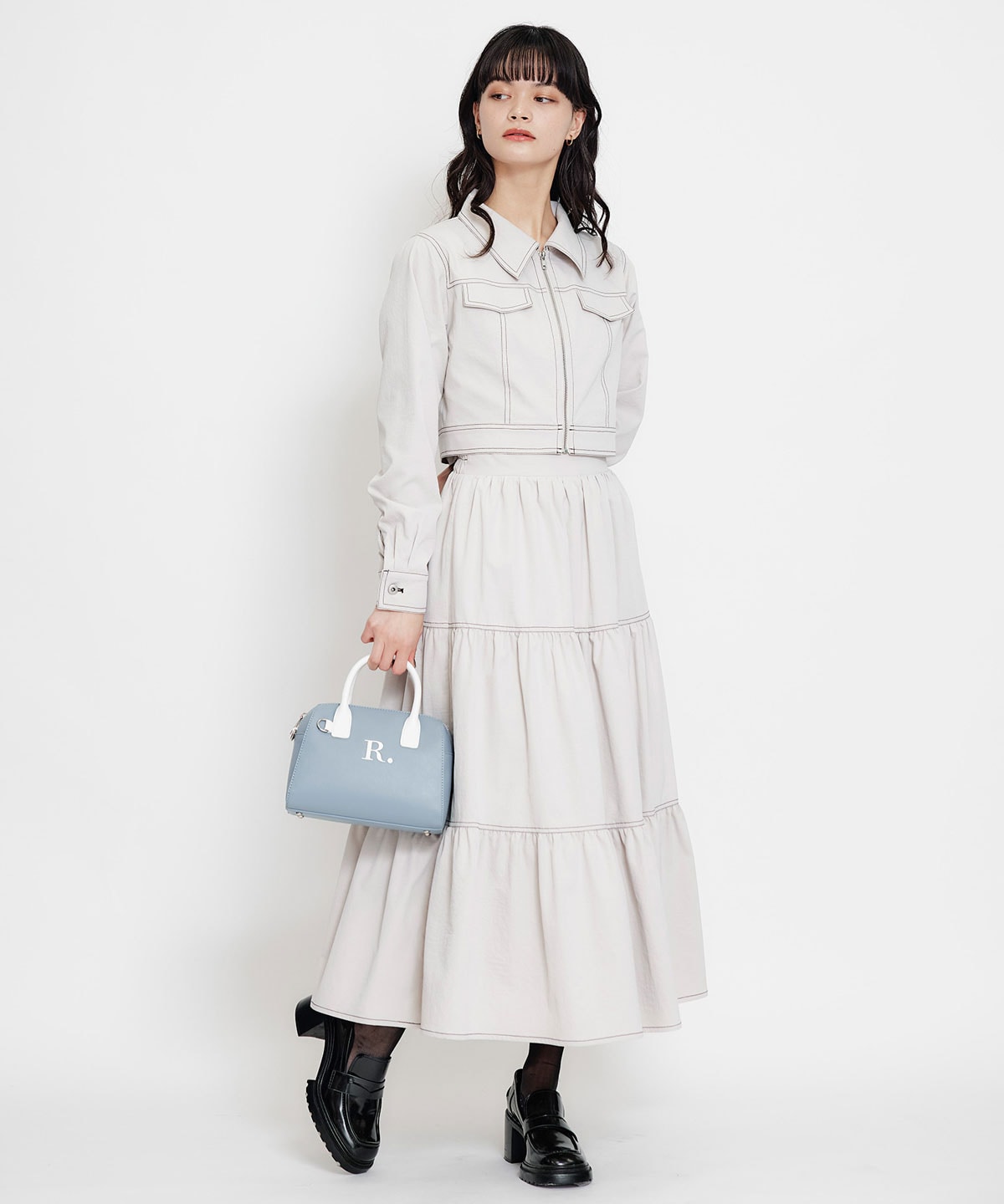 【セットアップ可能】バイカラーステッチティアードロングスカート