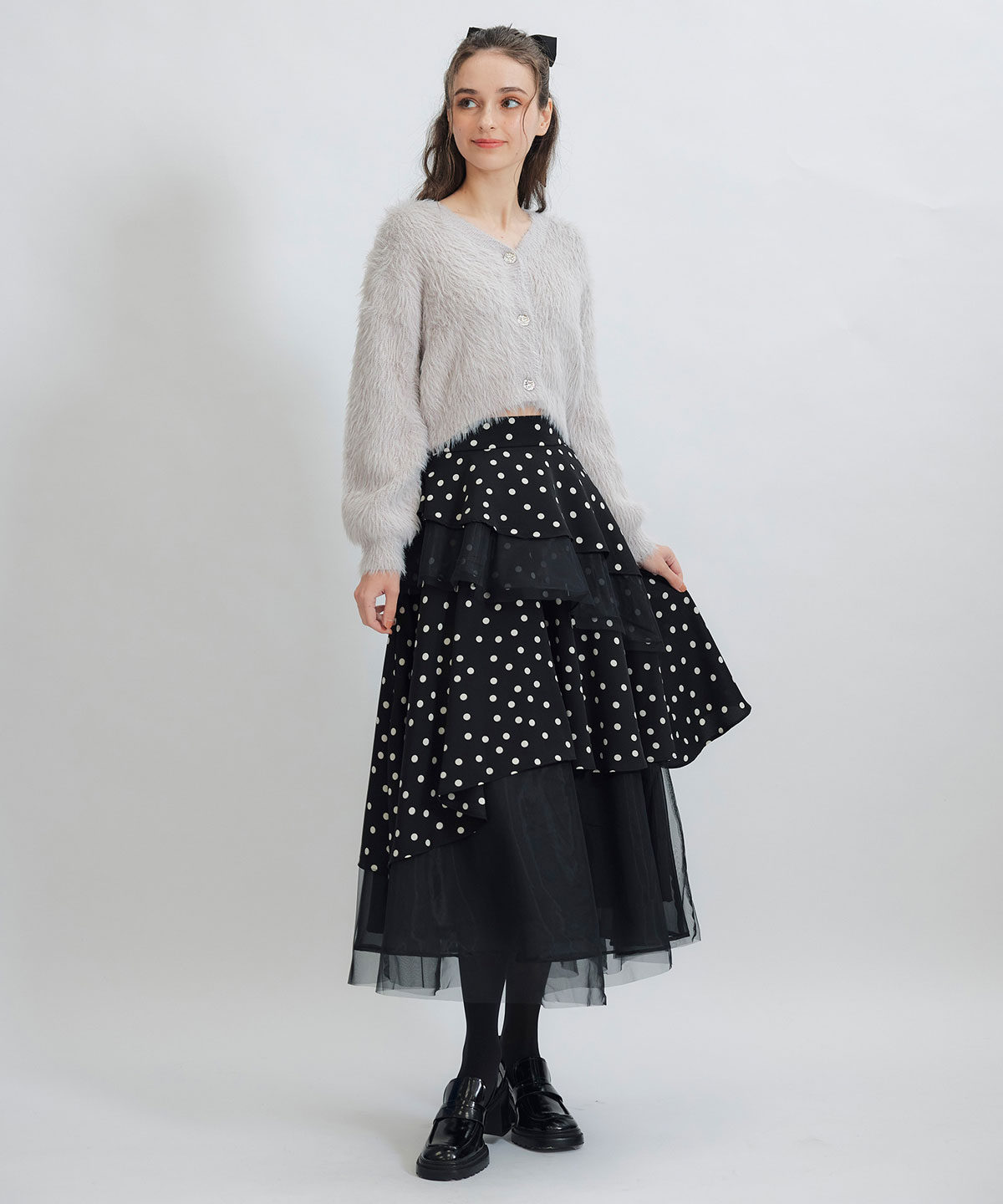 ドットチュールティアードロングスカート