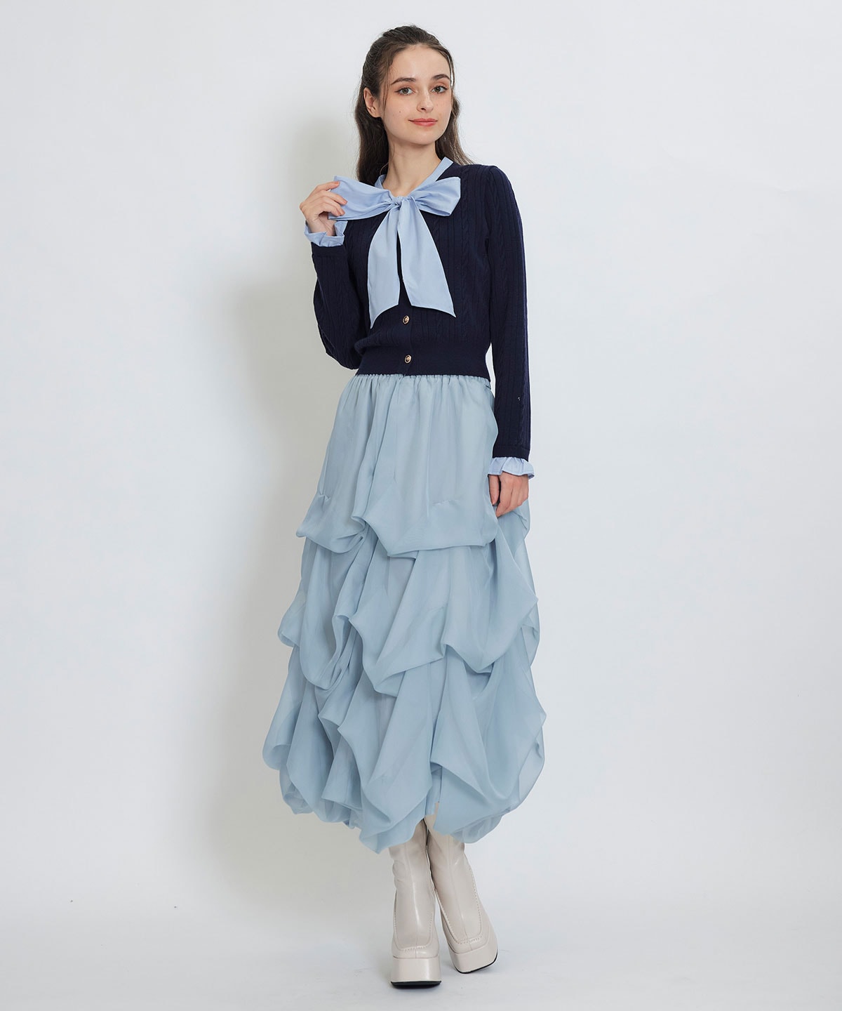 タックバルーンボリュームシフォンロングスカート