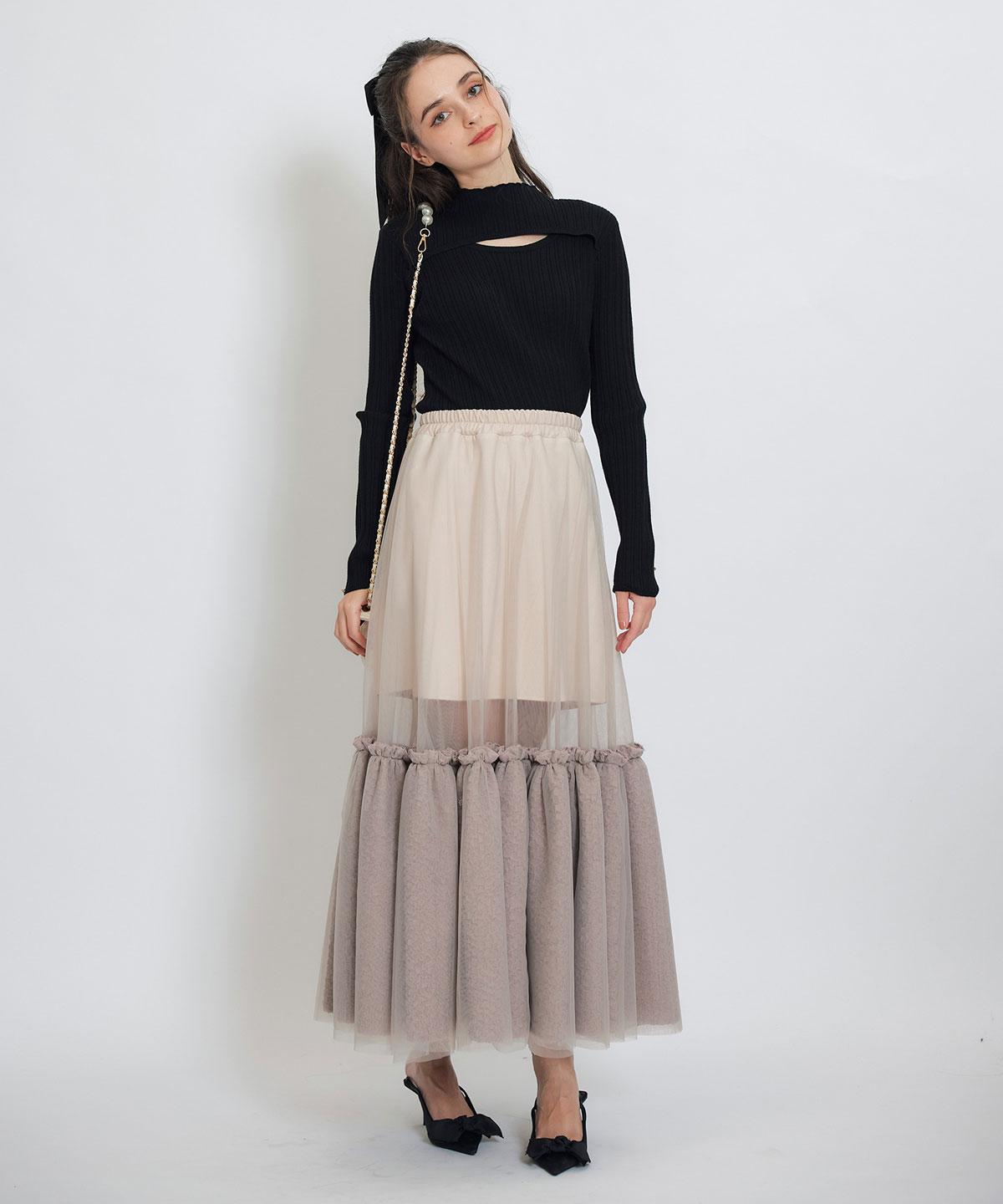 ボリュームシアーチュールフレアロングスカート