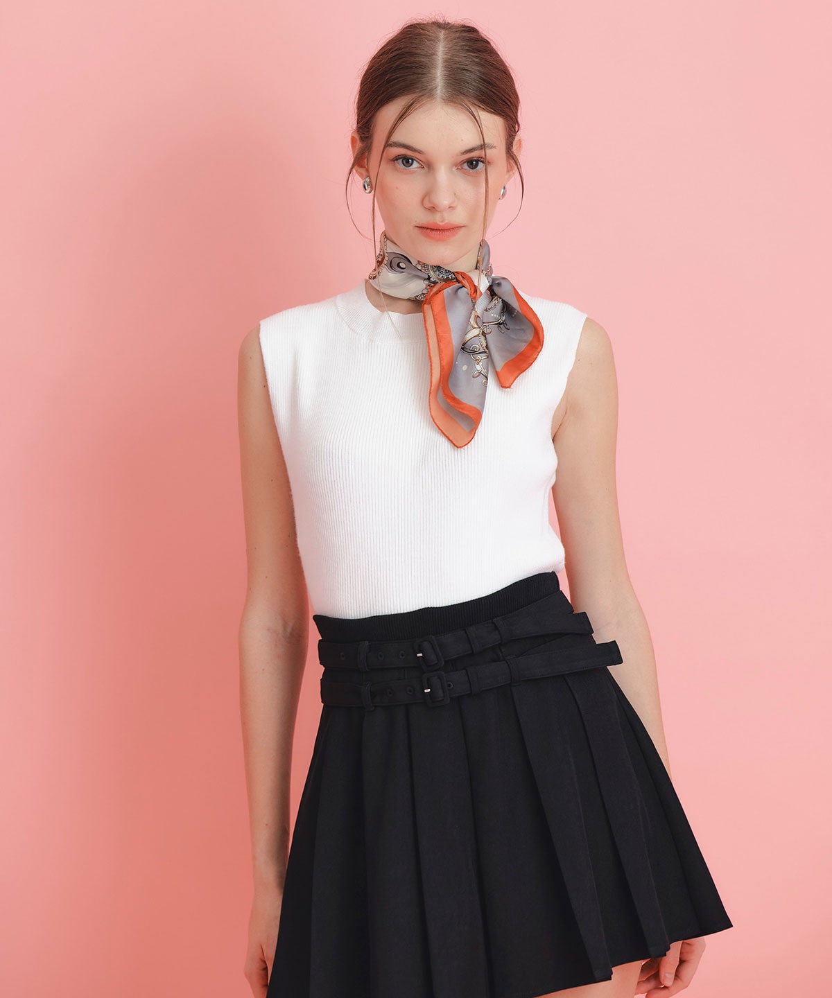 ウエストリブダブルベルトプリーツミニスカート