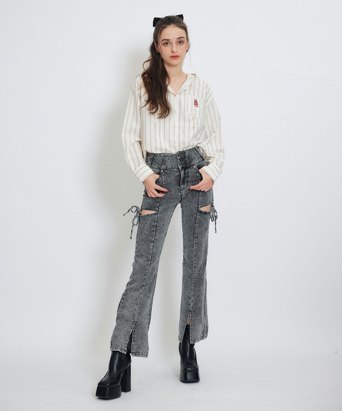 カットアウトリボンストレッチデニム