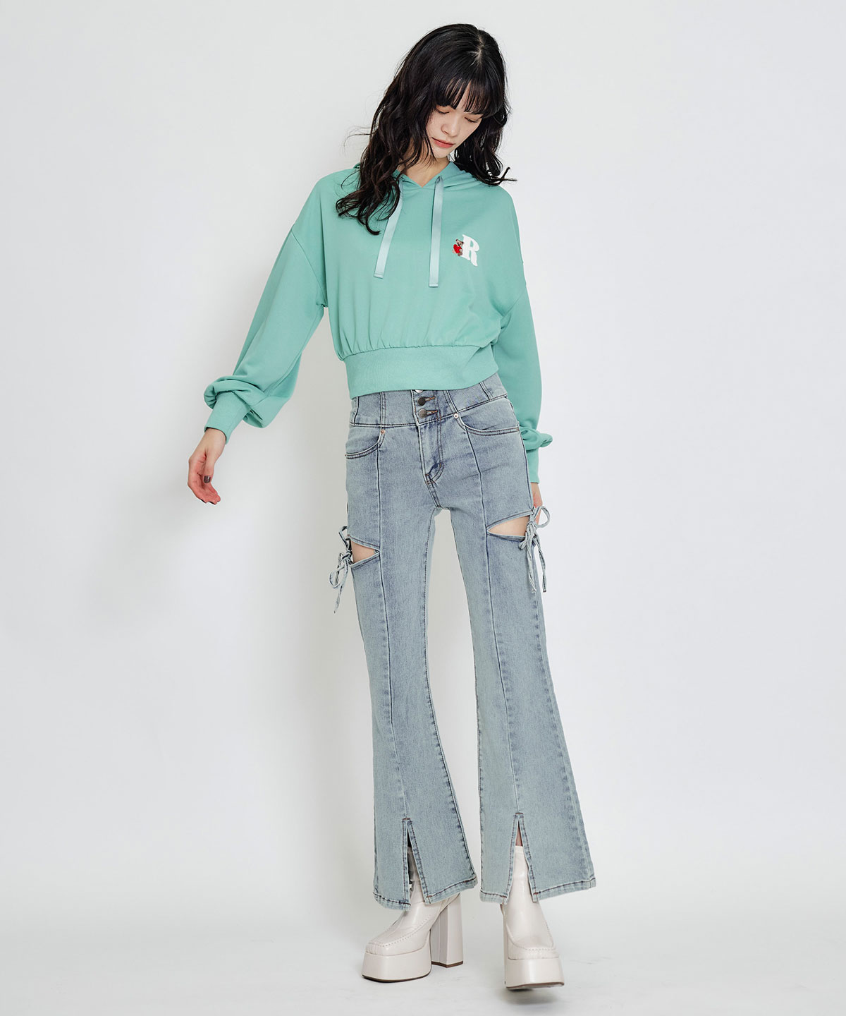 カットアウトリボンストレッチデニム