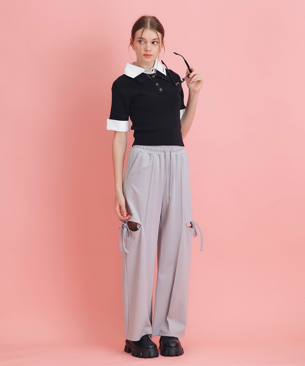 サイドカッティングリボンワイドパンツ