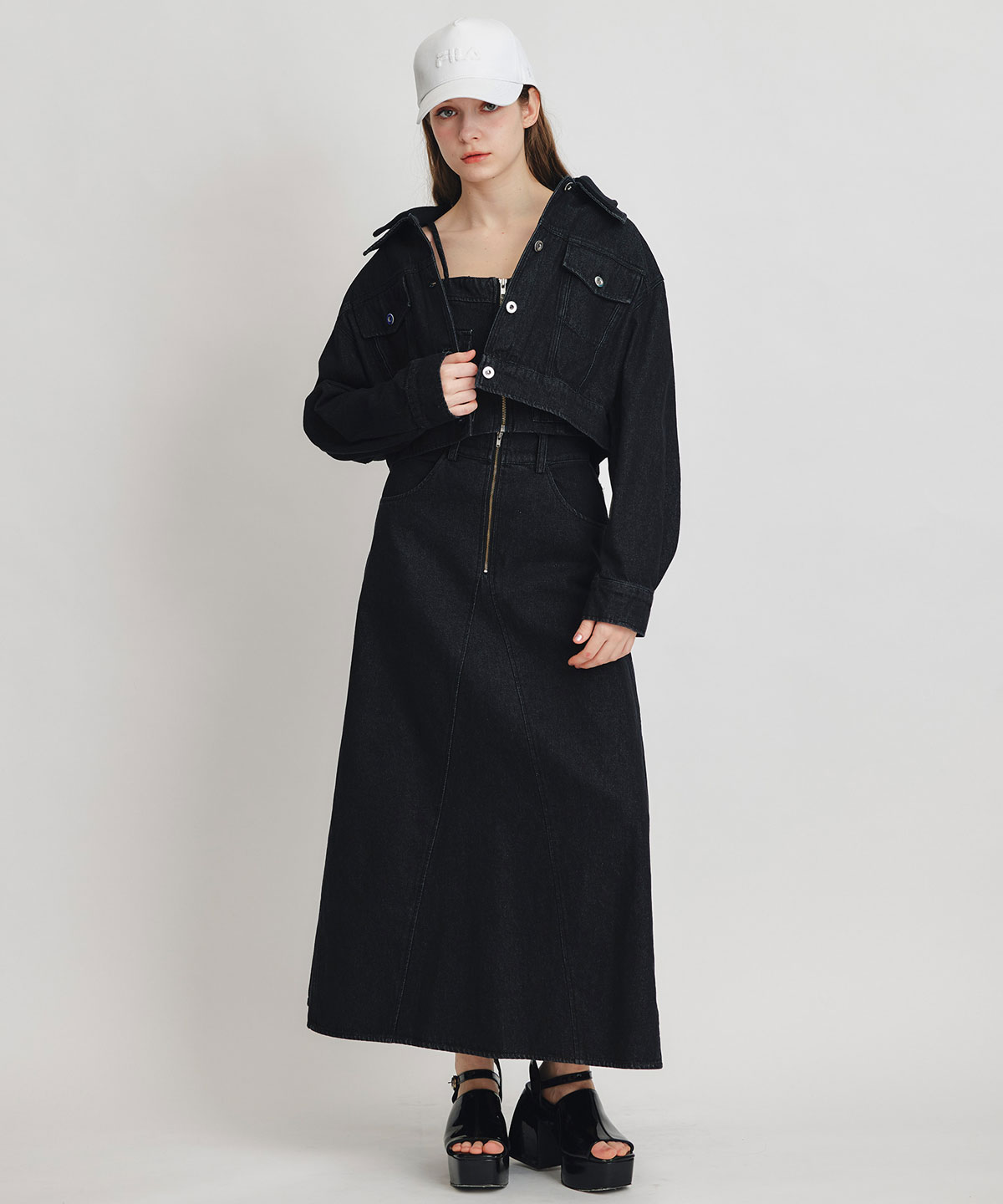 【Chemical Wash Series】ケミカルウォッシュデニムショートビスチェ×ZIPフレアロングスカート