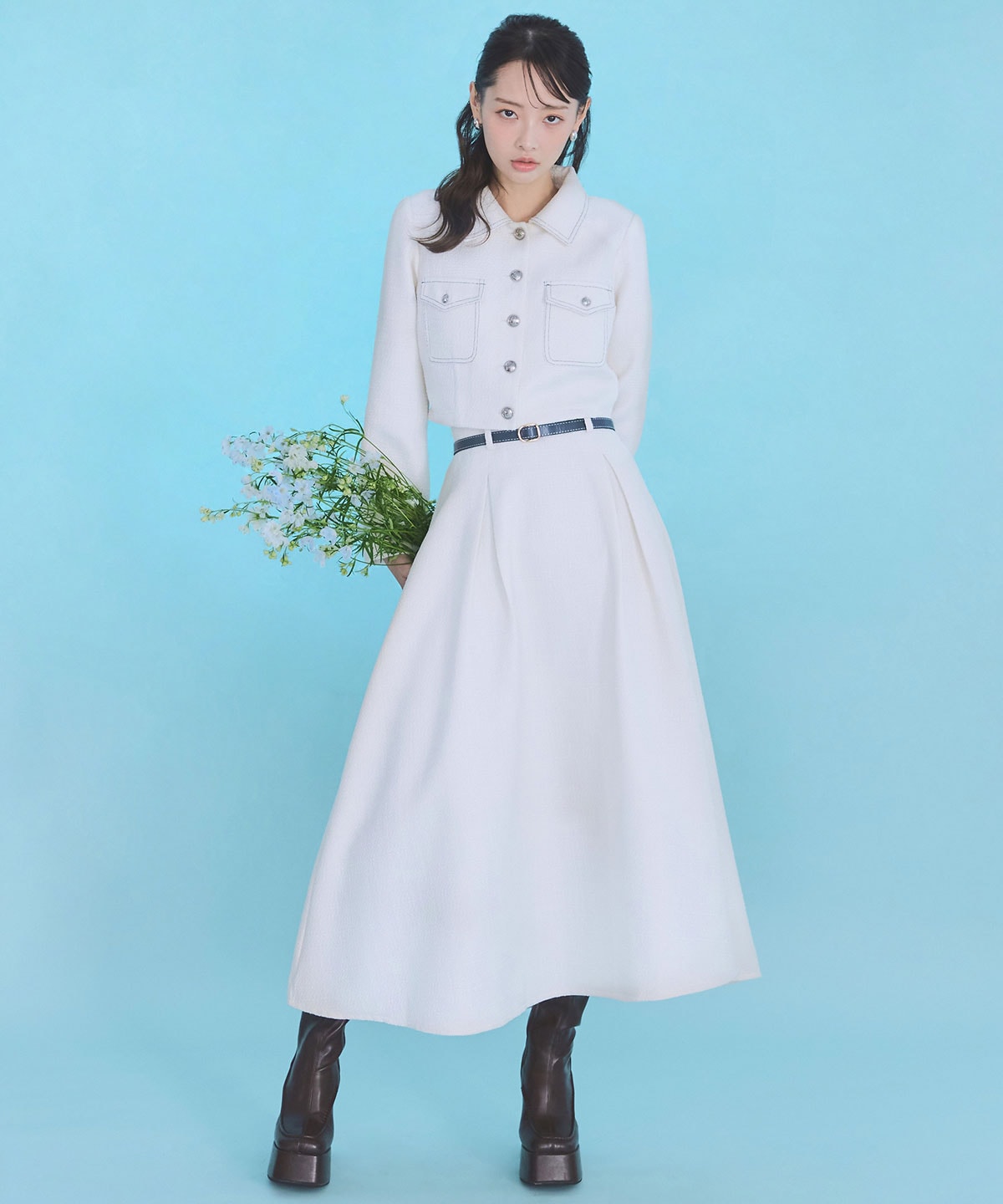 ダブルステッチツイードブラウス×フレアロングスカートセットアップ