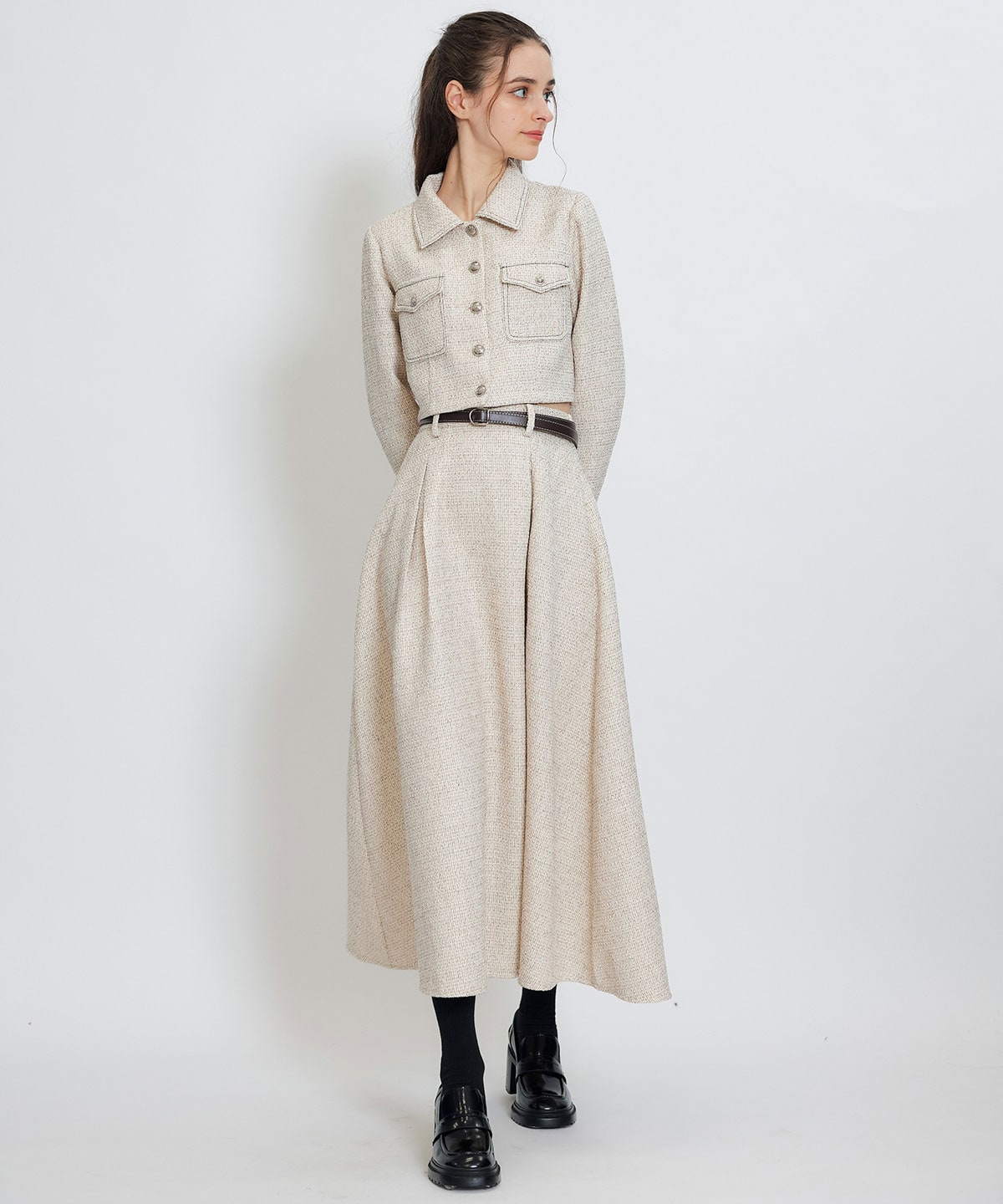 ダブルステッチツイードブラウス×フレアロングスカートセットアップ