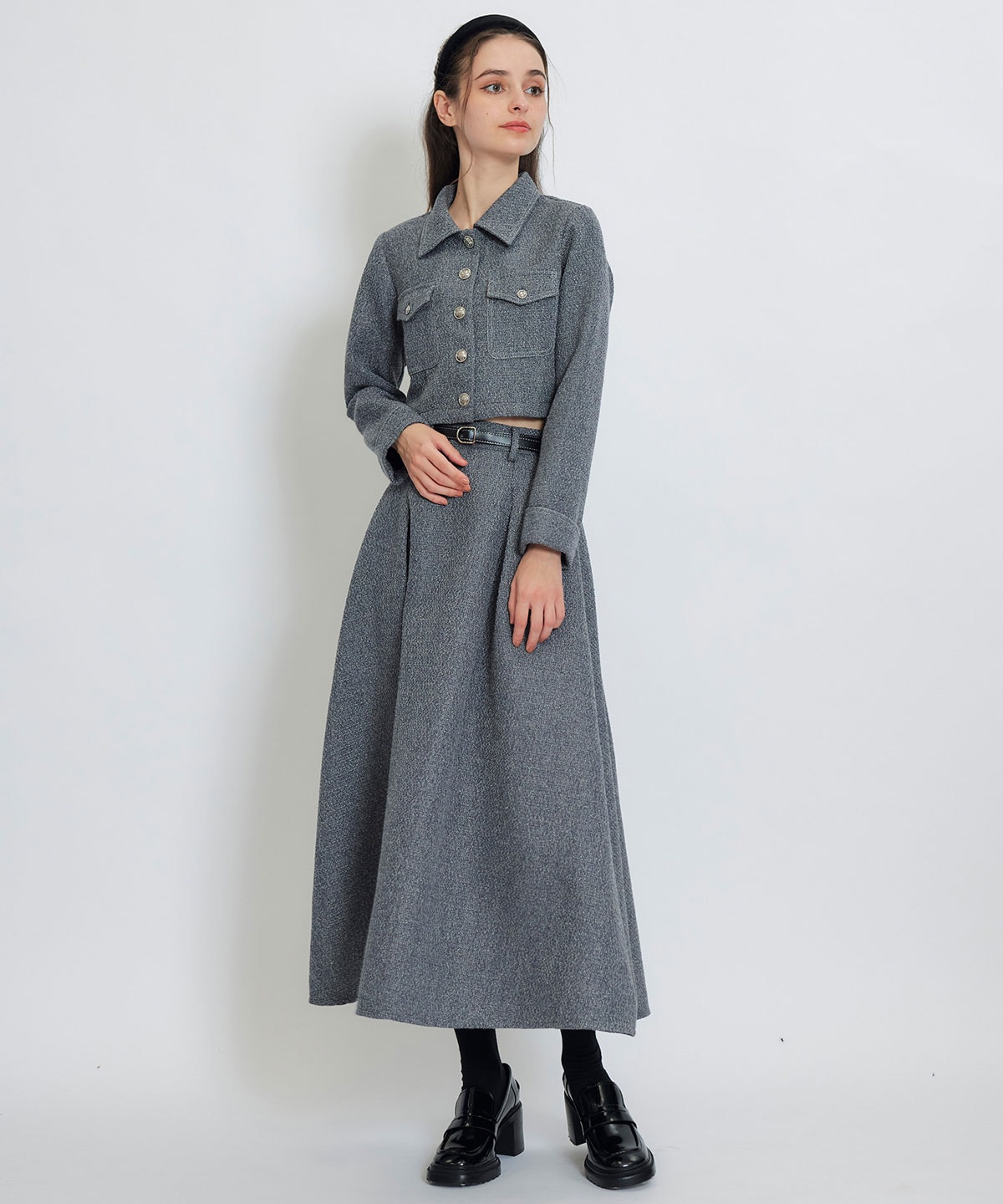 ダブルステッチツイードブラウス×フレアロングスカートセットアップ