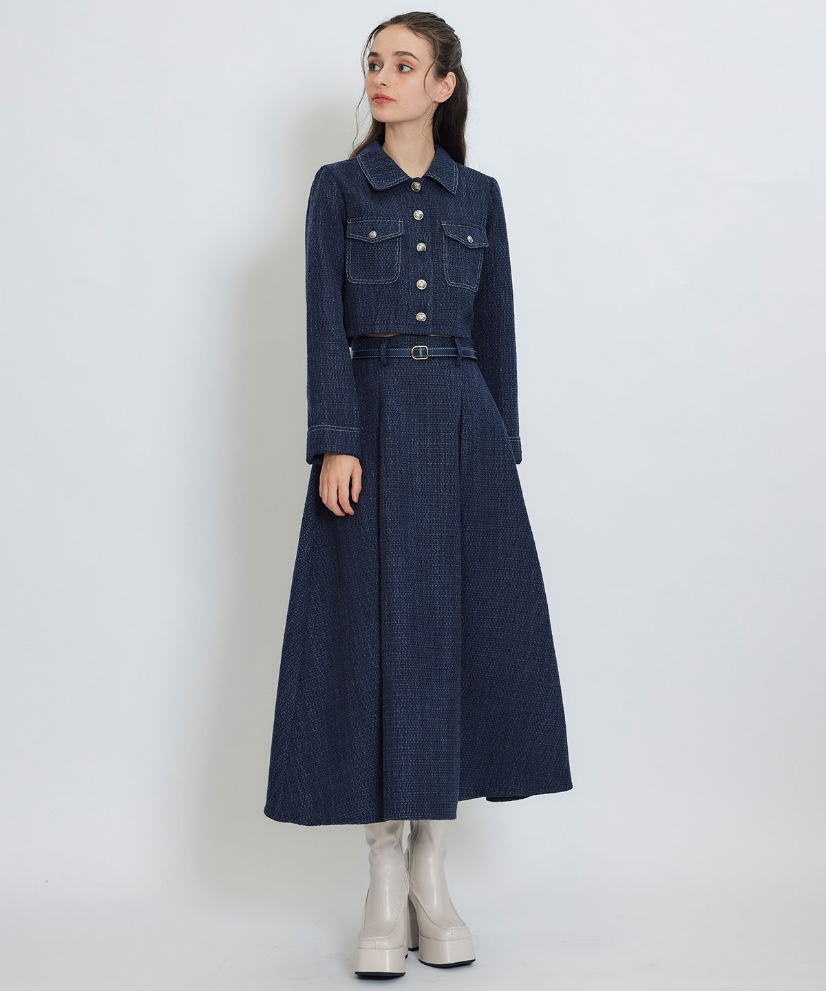 ダブルステッチツイードブラウス×フレアロングスカートセットアップ