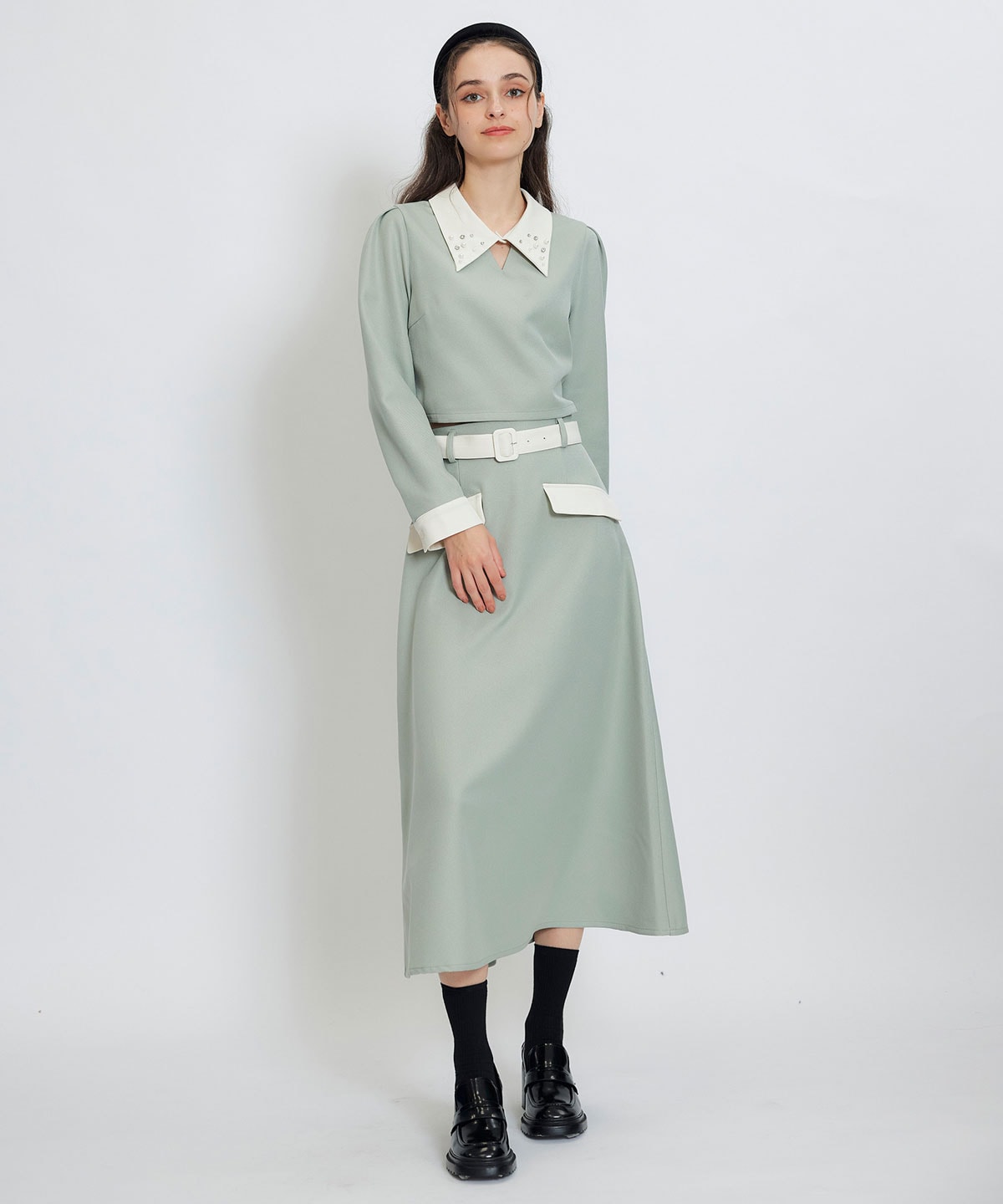 ビジューカラーコンパクトブラウス×バイカラーロングフレアスカートセットアップ