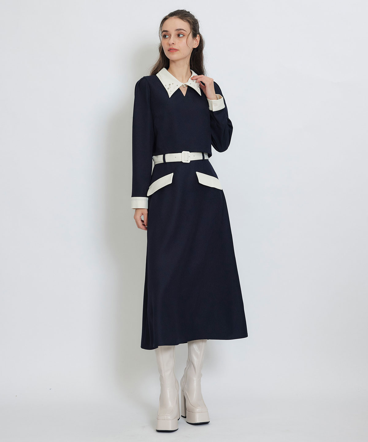 ビジューカラーコンパクトブラウス×バイカラーロングフレアスカートセットアップ